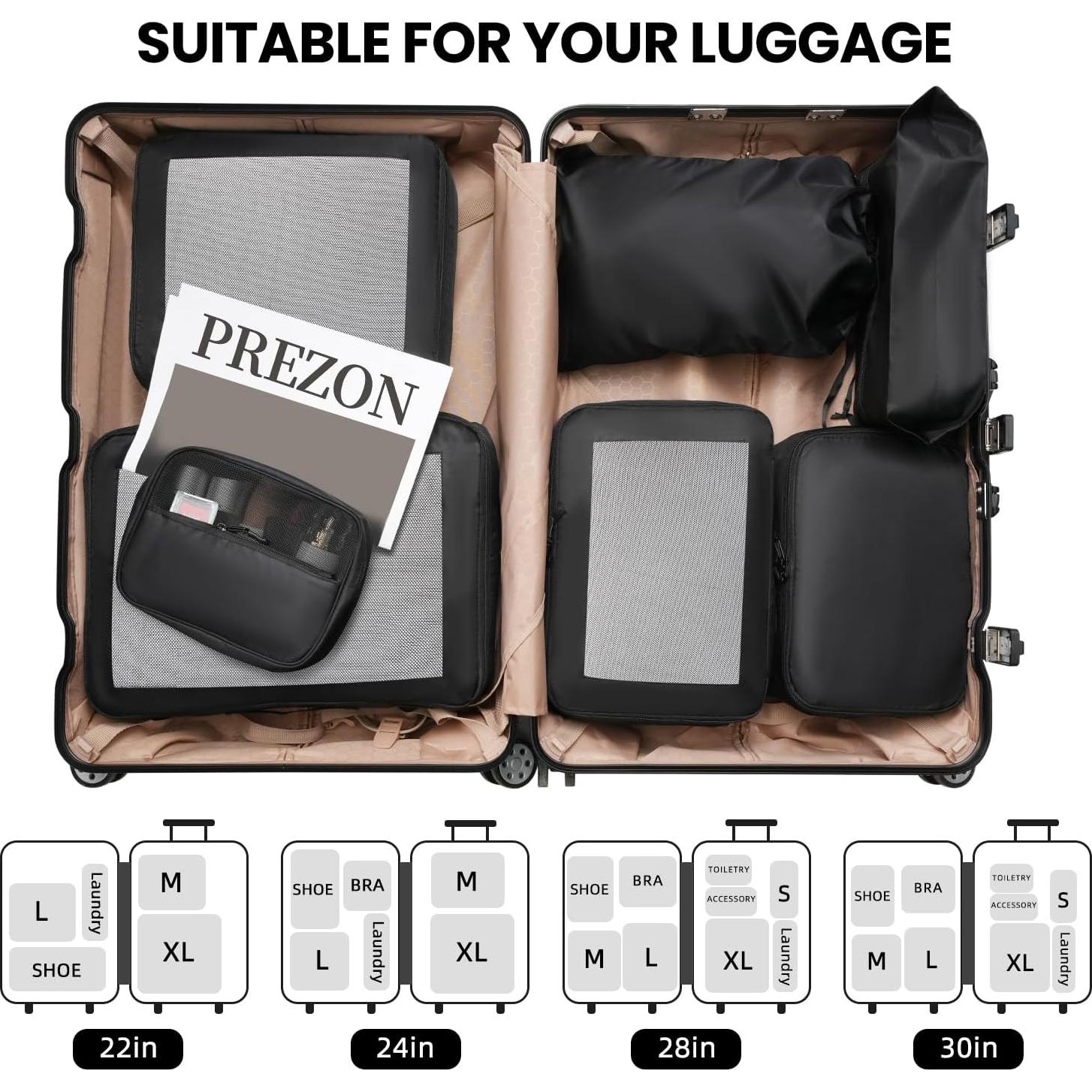 Cubos de Empaque Prezon 8 Set Organizador de Viaje Negro