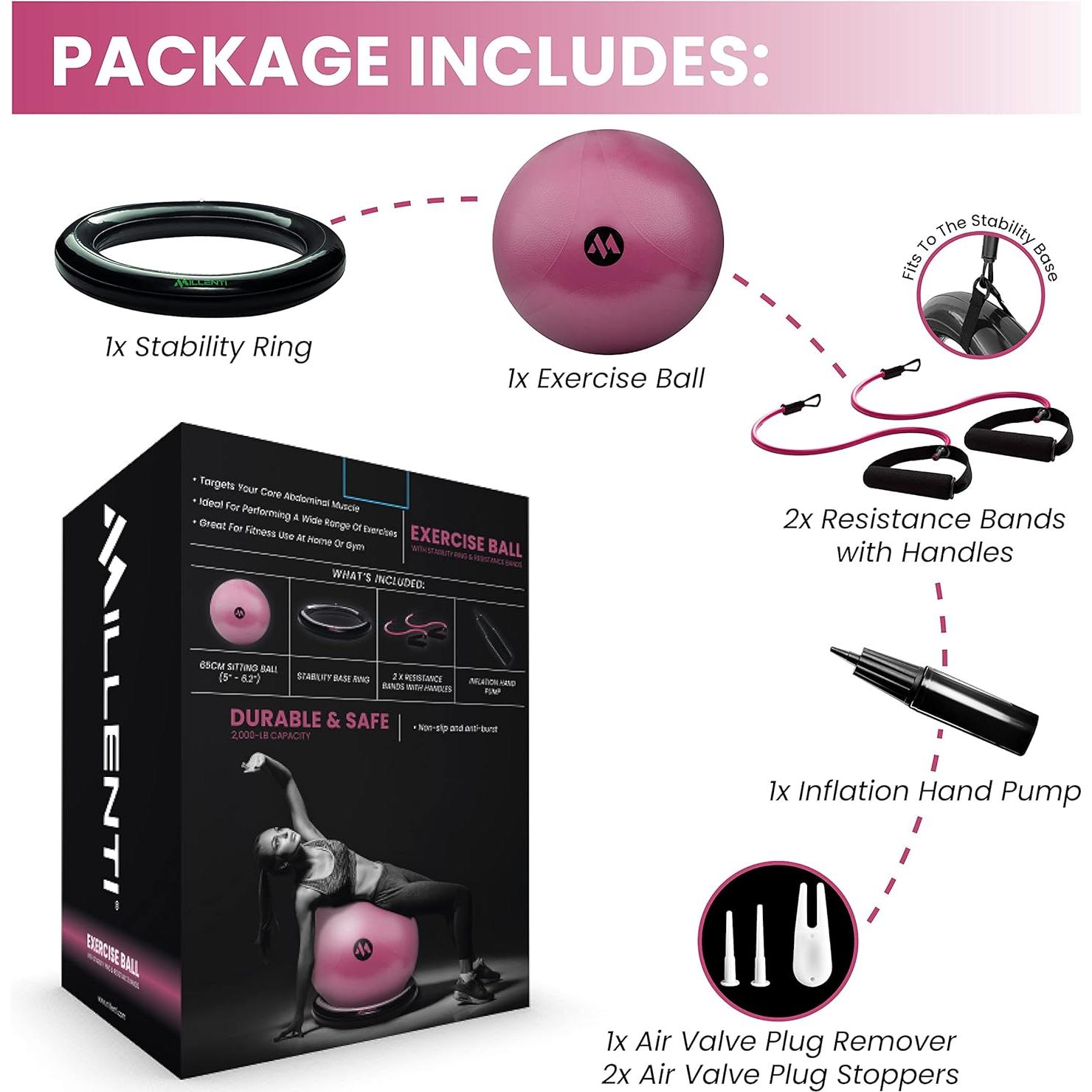 Silla de Pelota de Ejercicio Millenti 65cm Rosa con Bandas