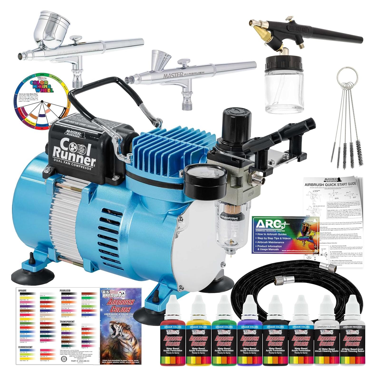 Kit de Aerógrafo Master Airbrush Cool Runner II con 3 Aerógrafos y Pintura