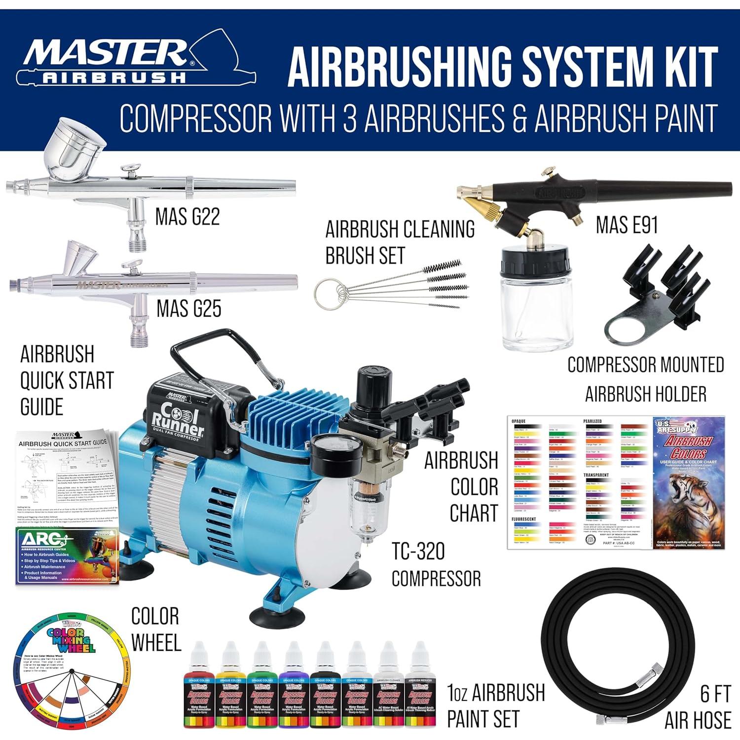 Kit de Aerógrafo Master Airbrush Cool Runner II con 3 Aerógrafos y Pintura