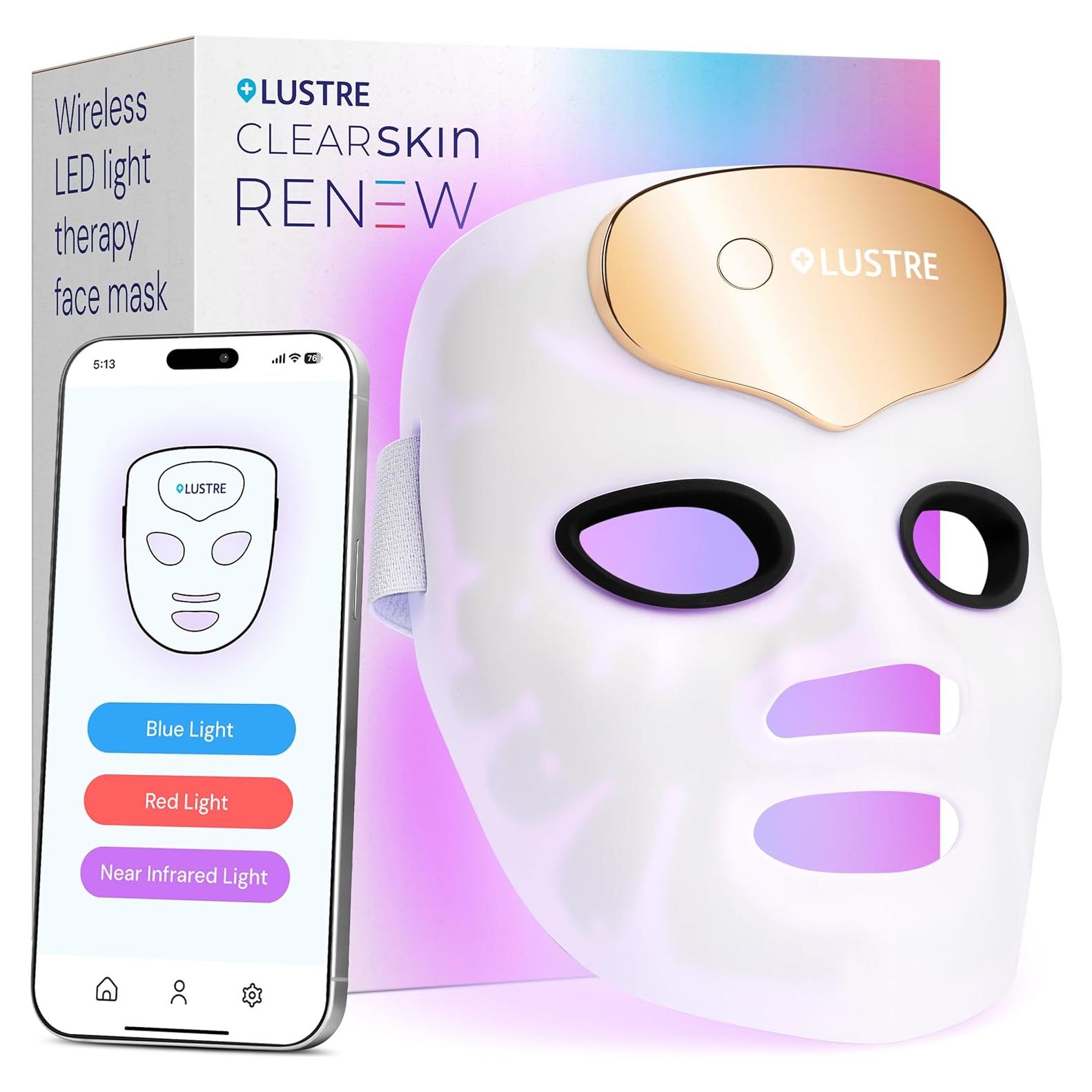 LED Face Mask Light Therapy for Acne & Anti-Aging Skincare | FDA-Cleared, Wireless & App-Controlled | Blue, Near-Infrared & Red Light Therapy Mask for Face - Lustre ClearSkin Renew Pro Facewear
