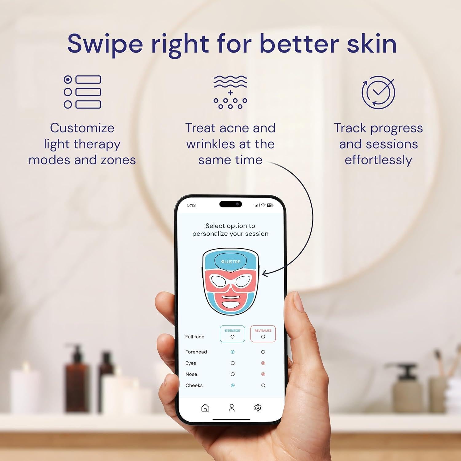 LED Face Mask Light Therapy for Acne & Anti-Aging Skincare | FDA-Cleared, Wireless & App-Controlled | Blue, Near-Infrared & Red Light Therapy Mask for Face - Lustre ClearSkin Renew Pro Facewear