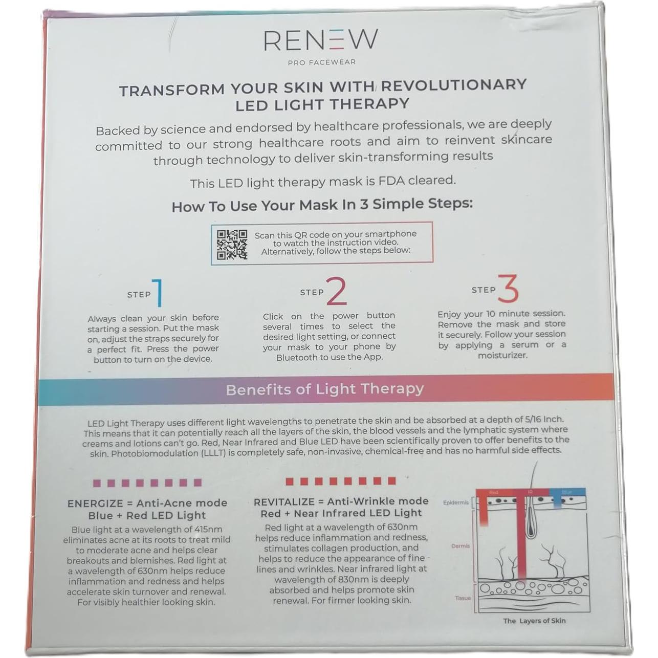 LED Face Mask Light Therapy for Acne & Anti-Aging Skincare | FDA-Cleared, Wireless & App-Controlled | Blue, Near-Infrared & Red Light Therapy Mask for Face - Lustre ClearSkin Renew Pro Facewear