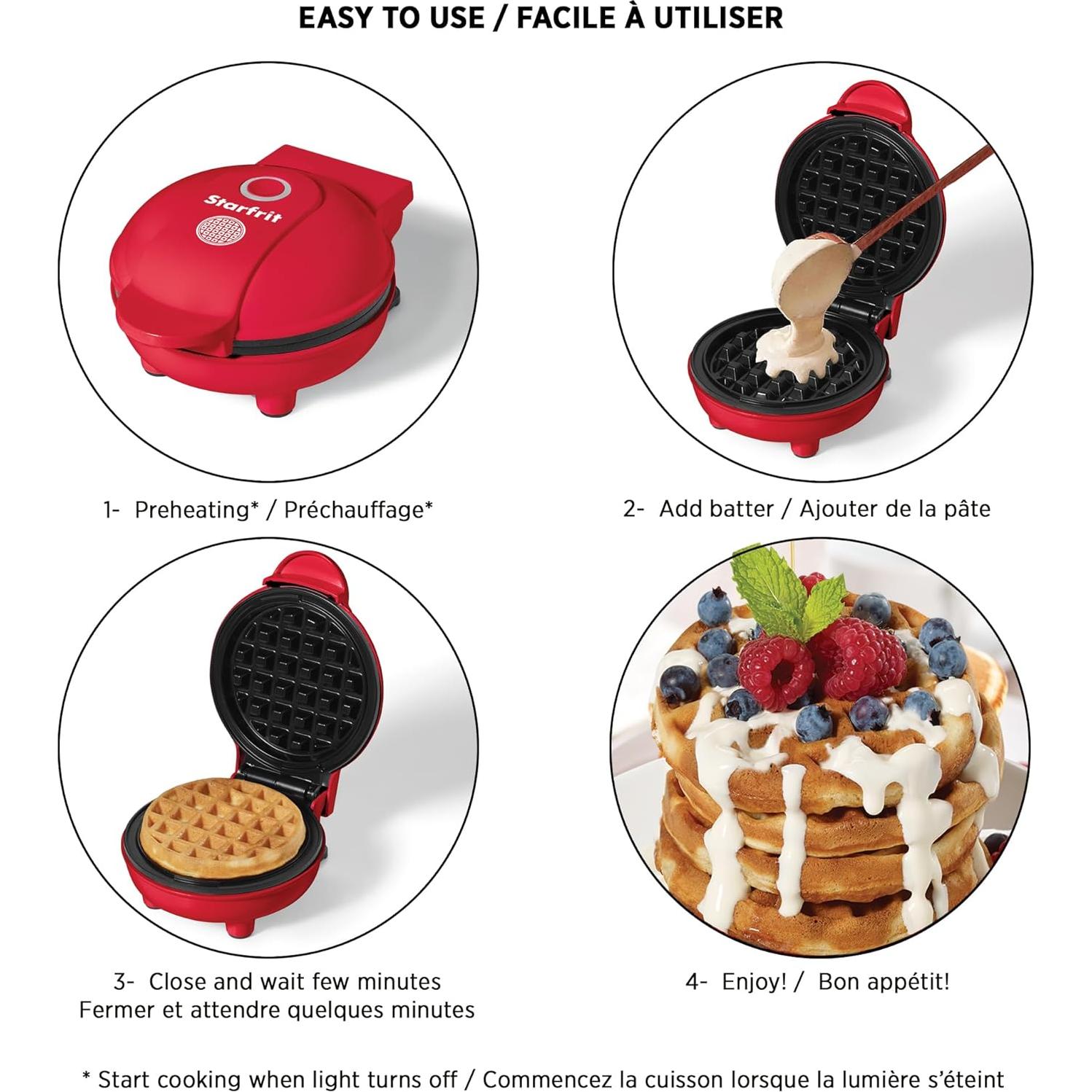 Mini Waffle Maker Starfrit 10,16 cm Antiadherente 350W Rojo