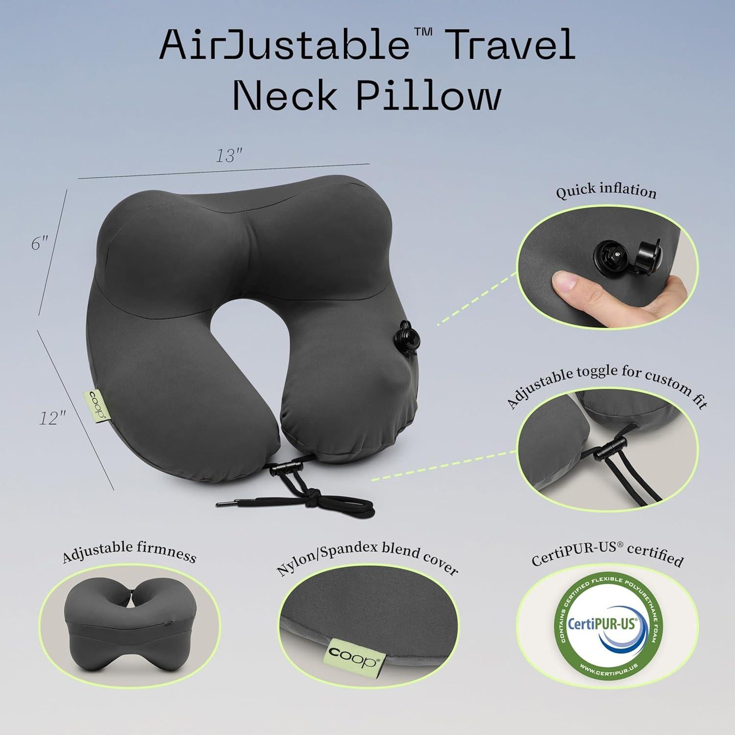 Almohada de Viaje Inflable Coop Home Goods AirJustable - Soporte Ajustable