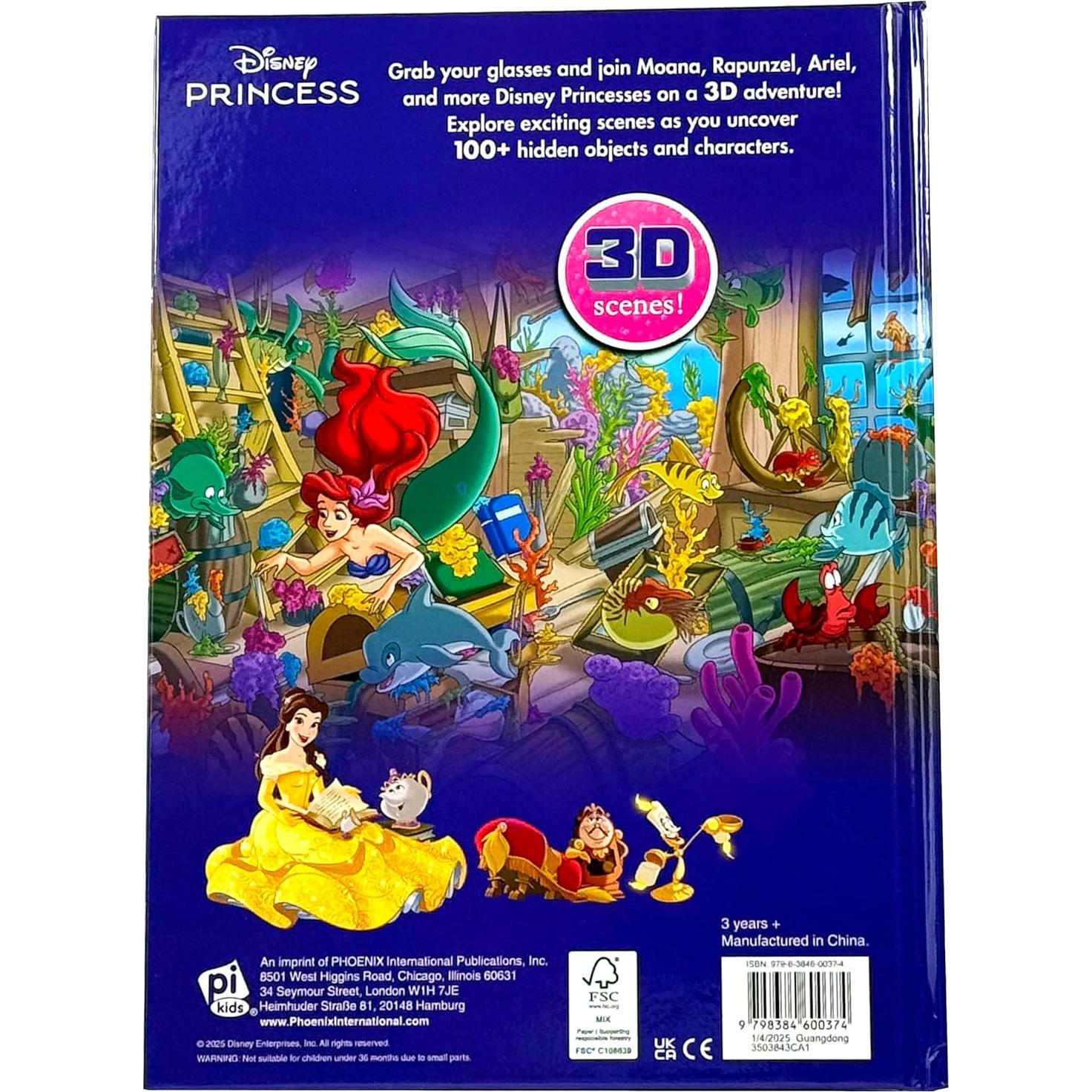 Disney Princess, Moana, Airiel, Rapunzel, and More! - 3D Look and Find Activity Book! - Tiara 3D Glasses Included! - PI Kids