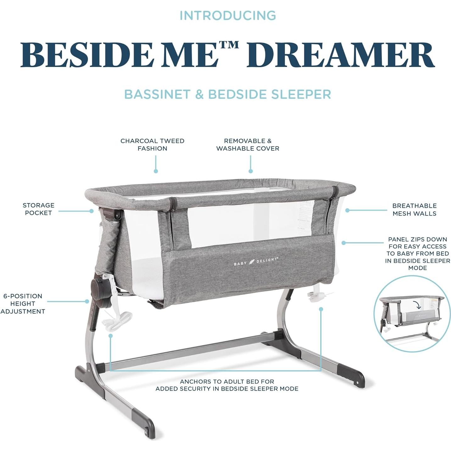 Cuna Lateral Baby Delight Dreamer | Ajuste 6 Alturas | Gris