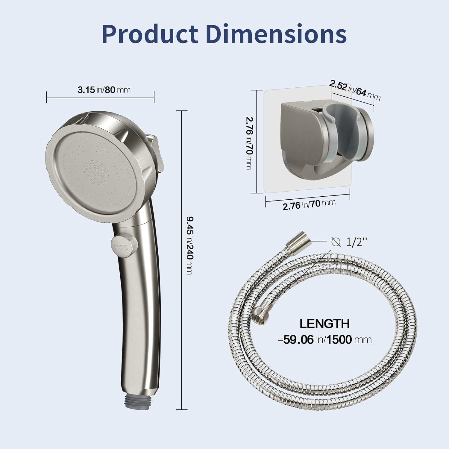 Cabezal de Ducha HANLIAN Alta Presión 3 Modos 150 cm Níquel