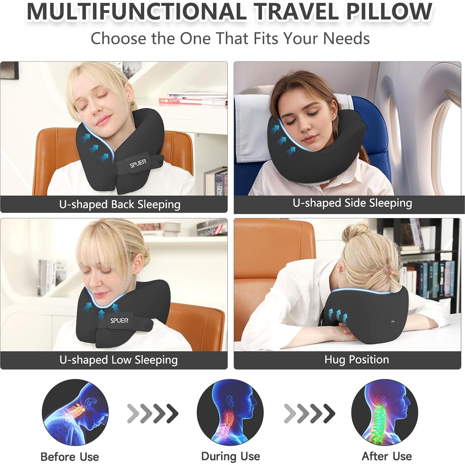 Almohada de Viaje Ergonómica SPUER con Espuma Memoria Negra