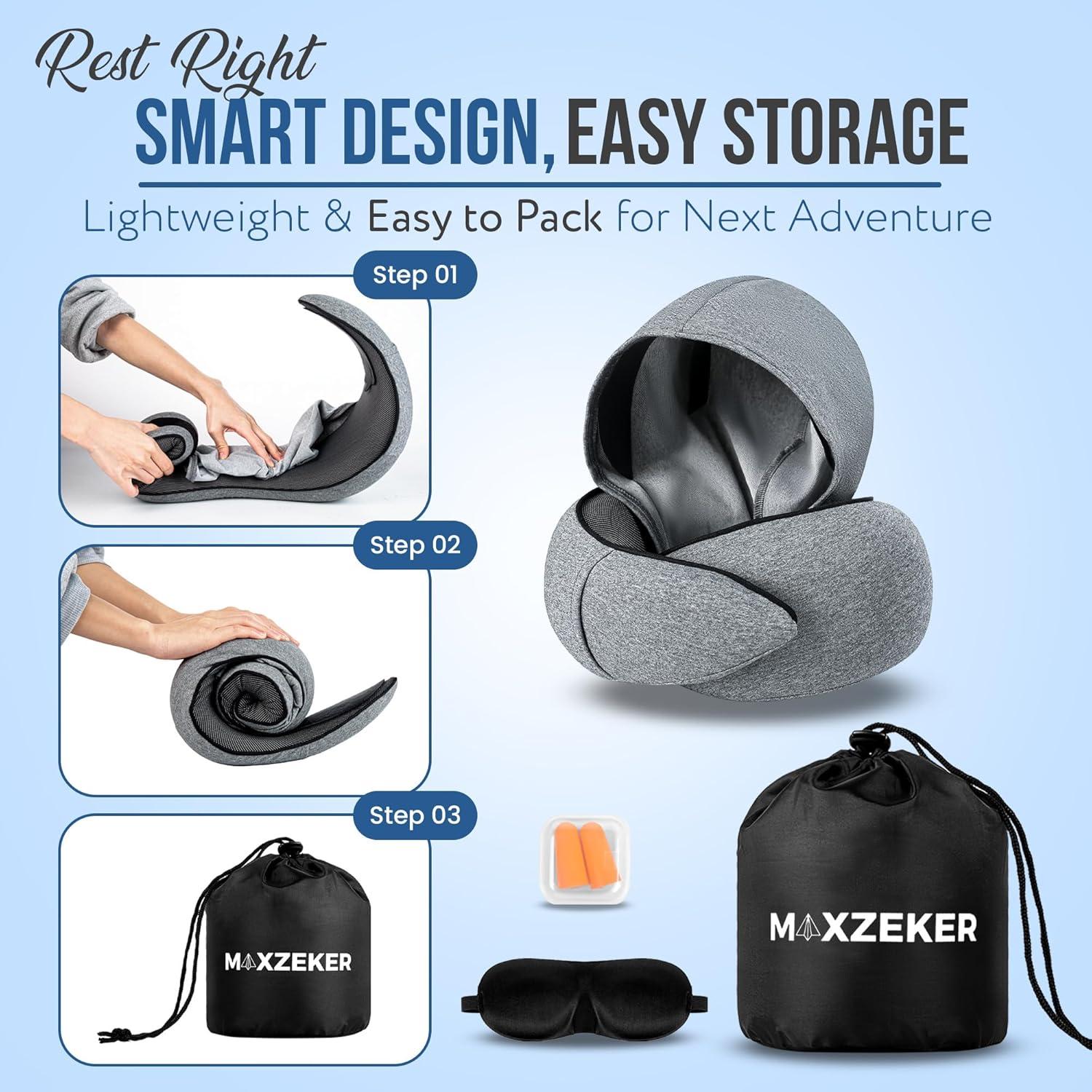 Almohada de viaje Maxzeker - Espuma viscoelástica, gris
