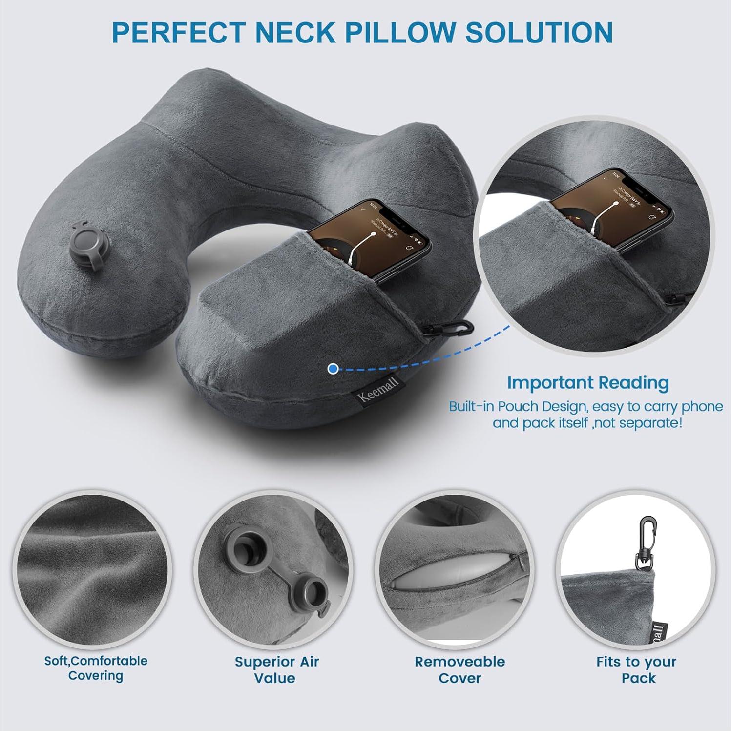 Cojín de viaje inflable Keemall negro gris para cuello