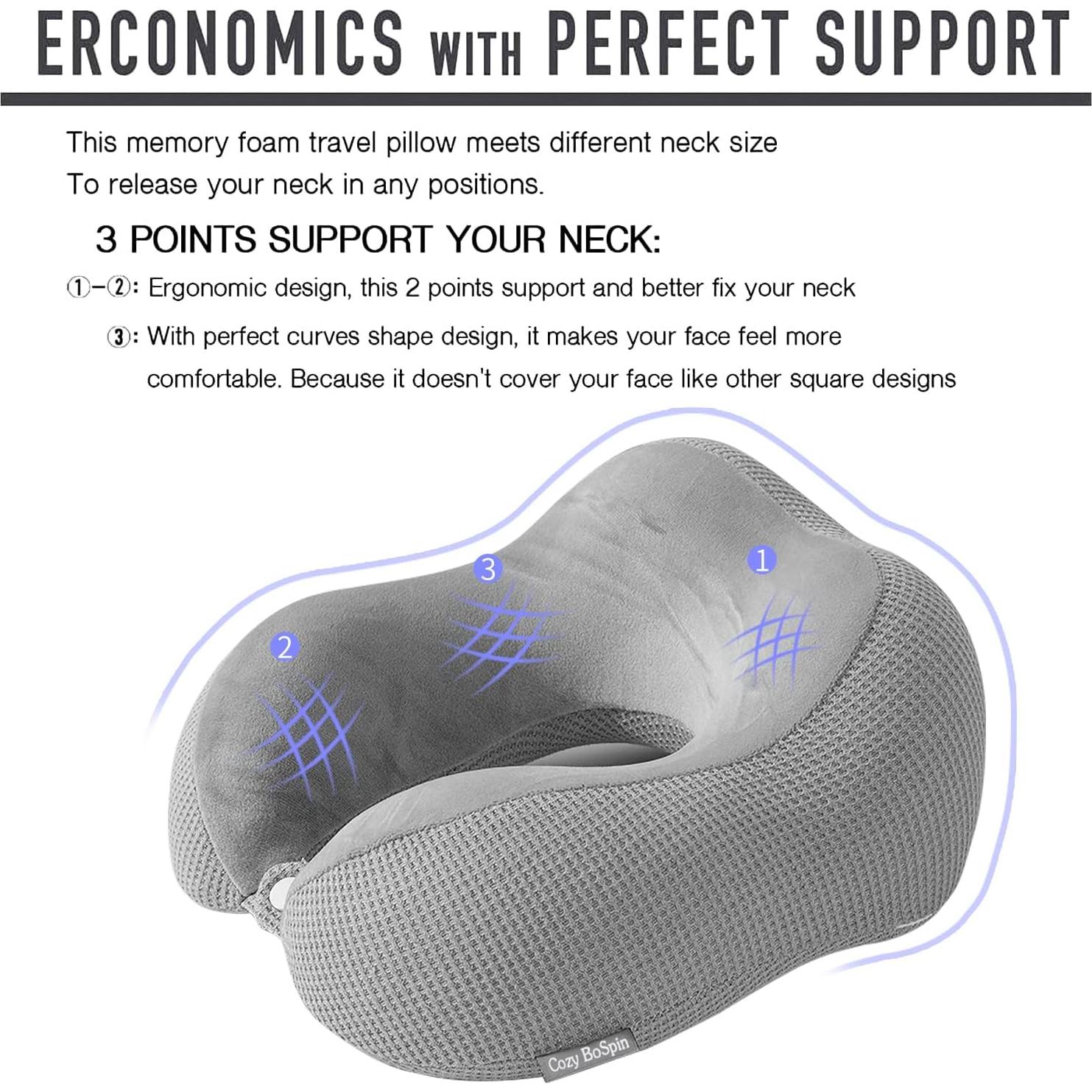 Almohada de Viaje Cozy BoSpin Espuma de Memoria Gris