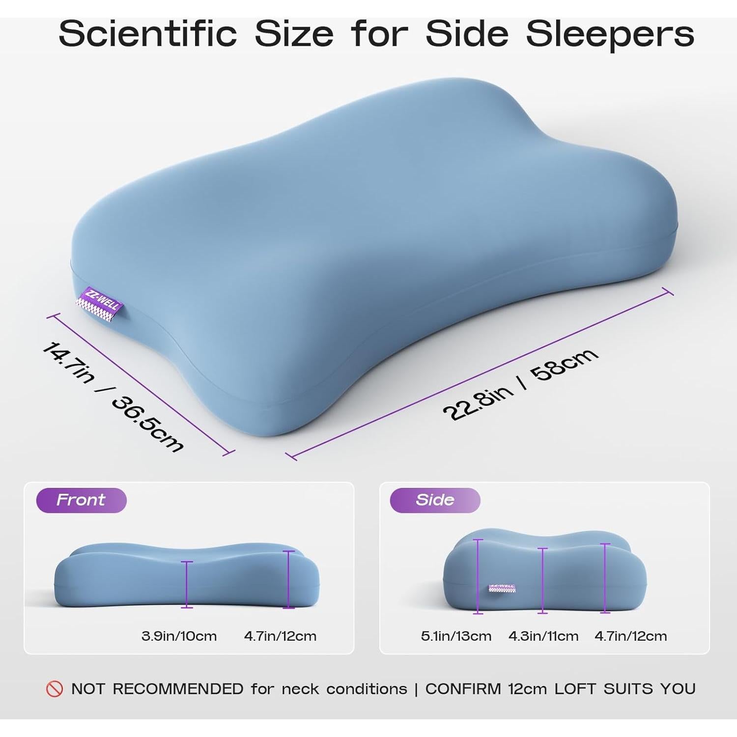 Almohada Ergonómica ZZ-WELL 1115 para Dormir de Lado Azul