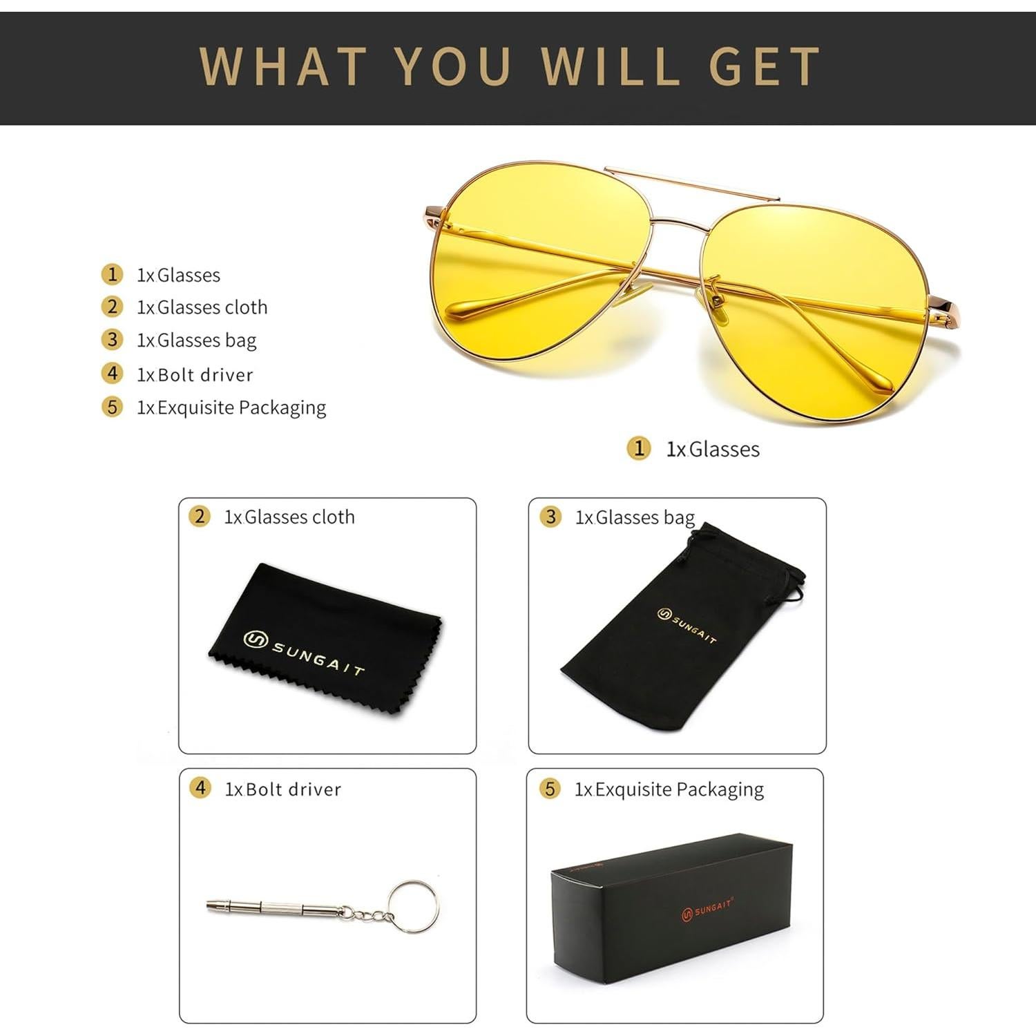 Gafas de sol aviador SUNGAIT - Lentes polarizados amarillos