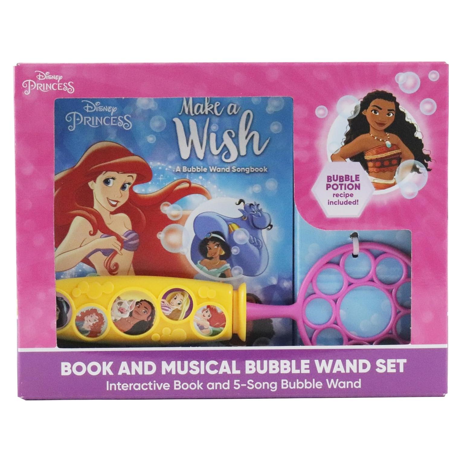 Disney Princess Ariel, Moana, and More! – Make a Wish - Bubble Wand Songbook - Toy Bubble Wand Plays 5 Songs - PI Kids