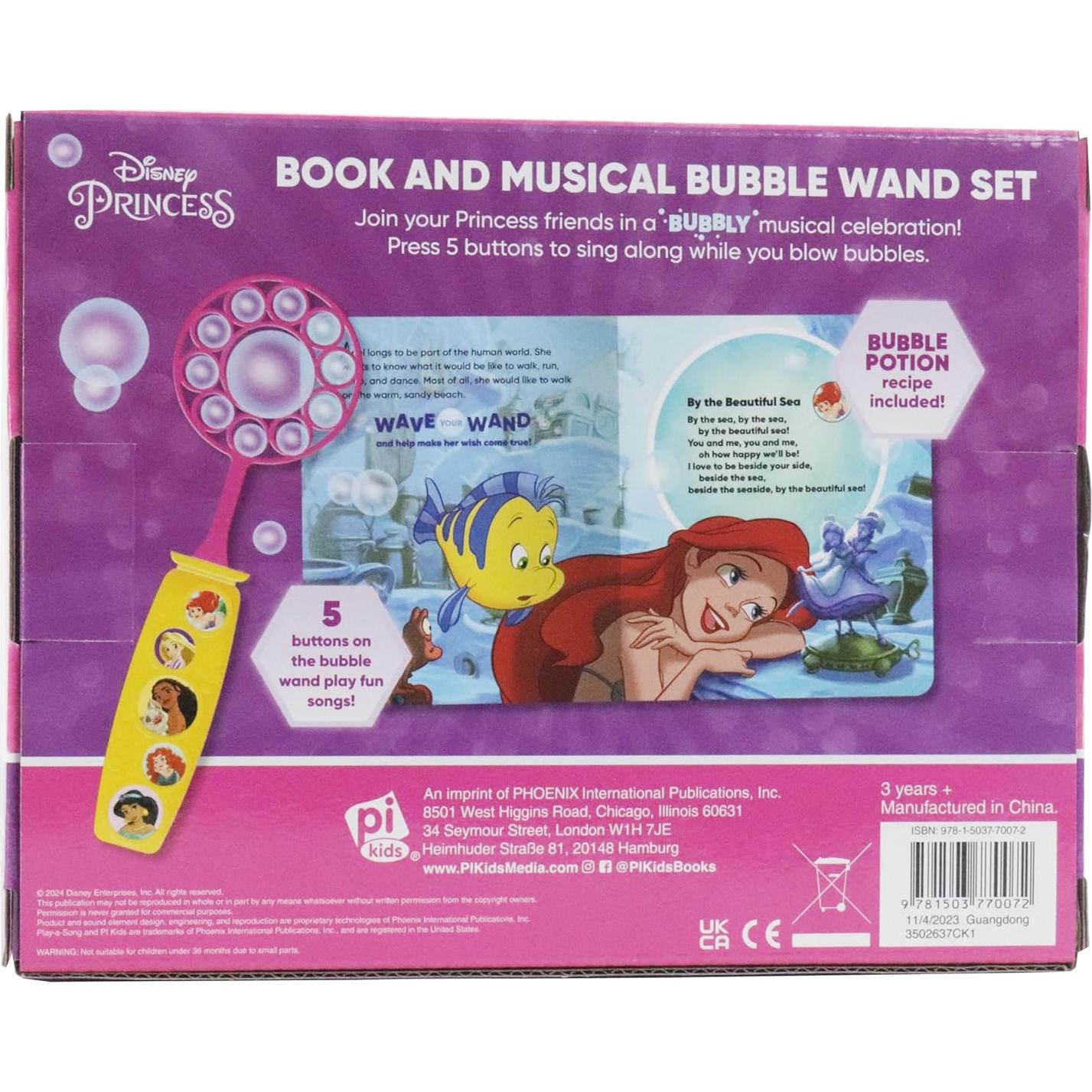 Disney Princess Ariel, Moana, and More! – Make a Wish - Bubble Wand Songbook - Toy Bubble Wand Plays 5 Songs - PI Kids