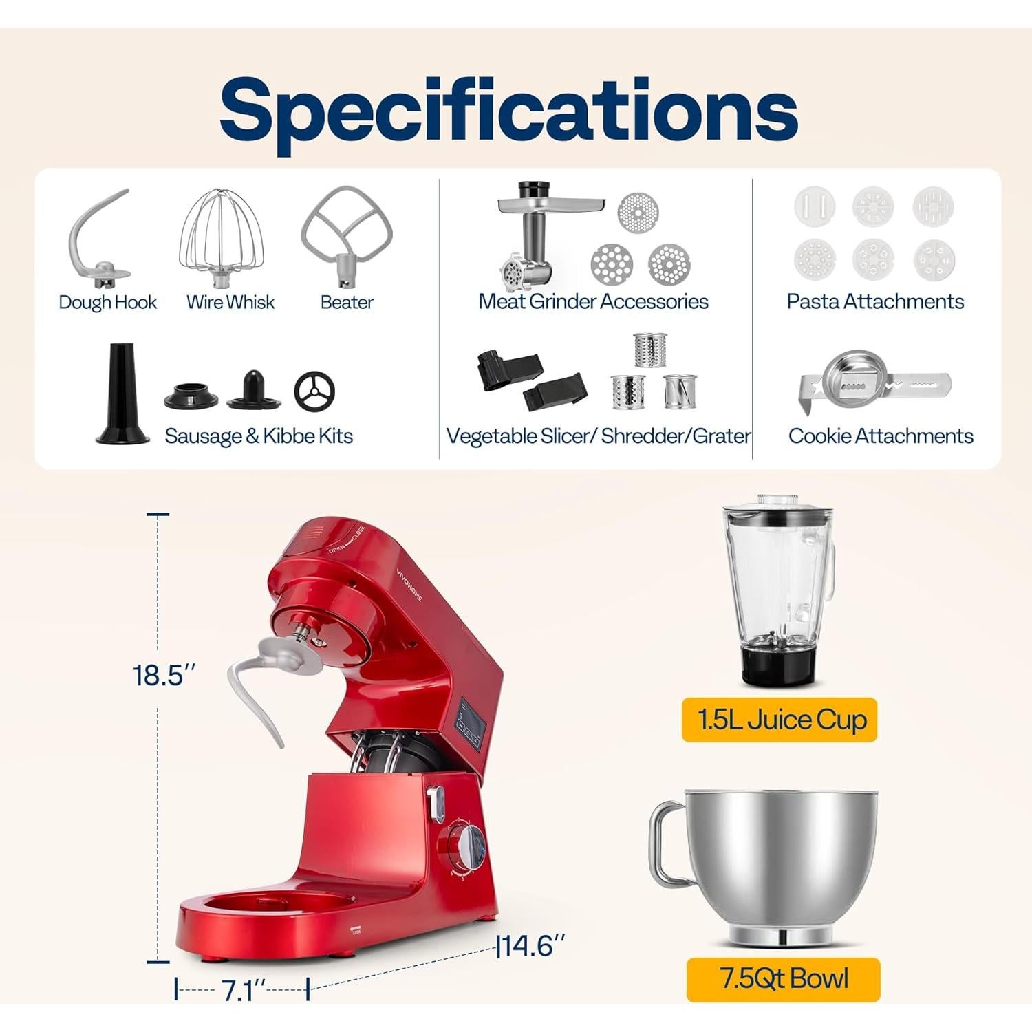 VIVOHOME Mezclador de Pie 9 en 1 7.5L Rojo Multifuncional