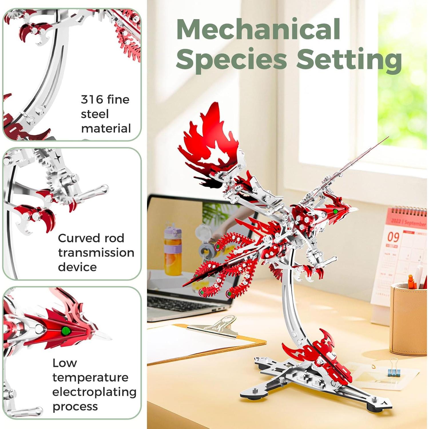 Rompecabezas 3D de Metal LONGPIN Fénix Rojo DIY 24 cm