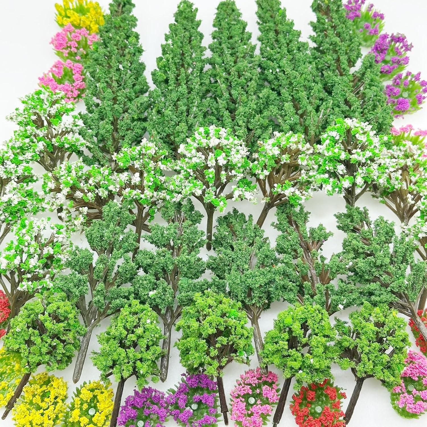 Cayway 60 PCS Miniature Trees Miniature Flower Cluster Mixed Model Trees Accessories Model Train Scenery Fake Trees for Building Model, Model Scenery for DIY Crafts