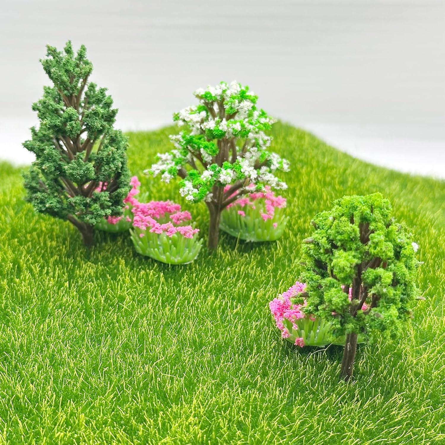 Cayway 60 PCS Miniature Trees Miniature Flower Cluster Mixed Model Trees Accessories Model Train Scenery Fake Trees for Building Model, Model Scenery for DIY Crafts