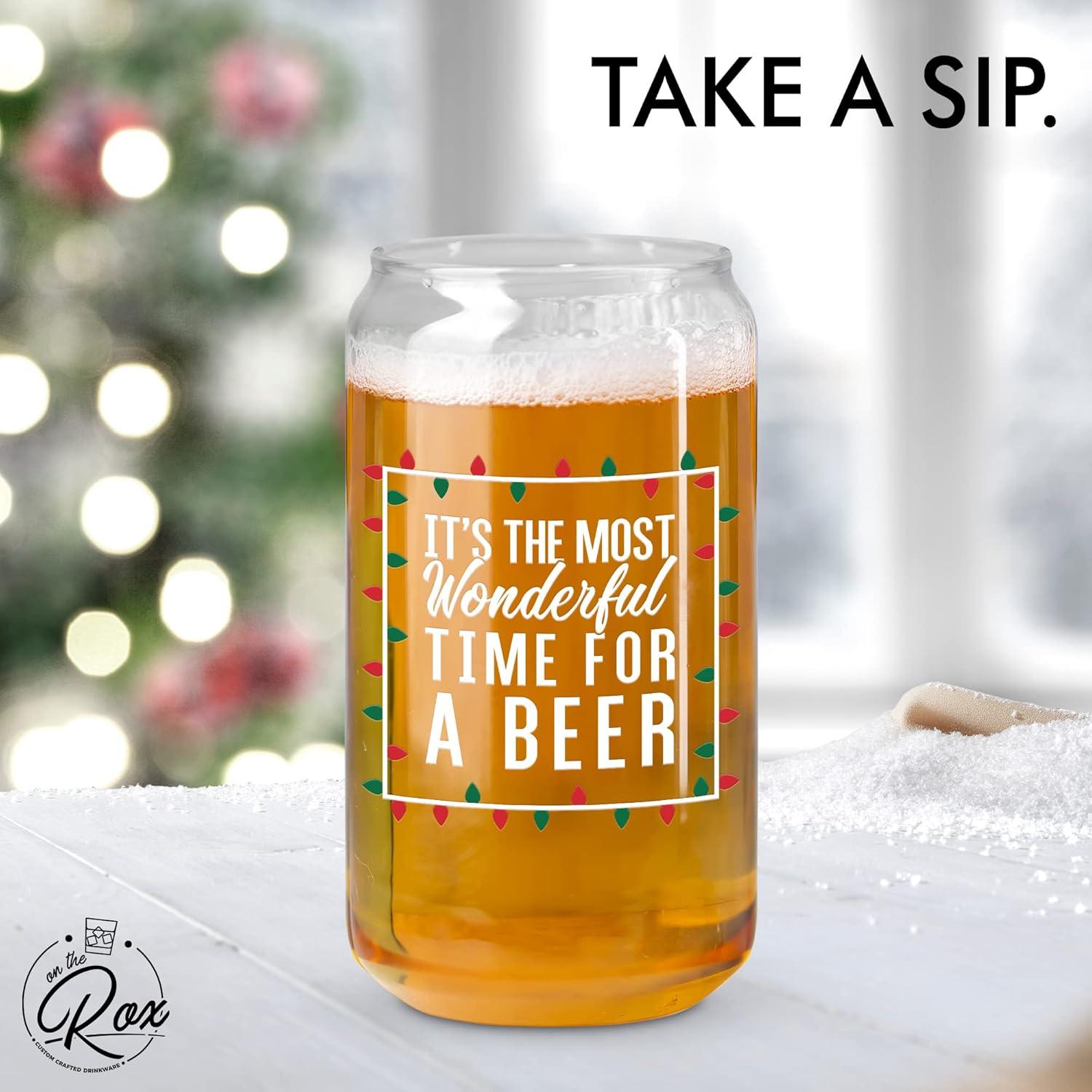 Vaso de Cerveza Navideño On The Rox 16 oz Rojo Verde Blanco