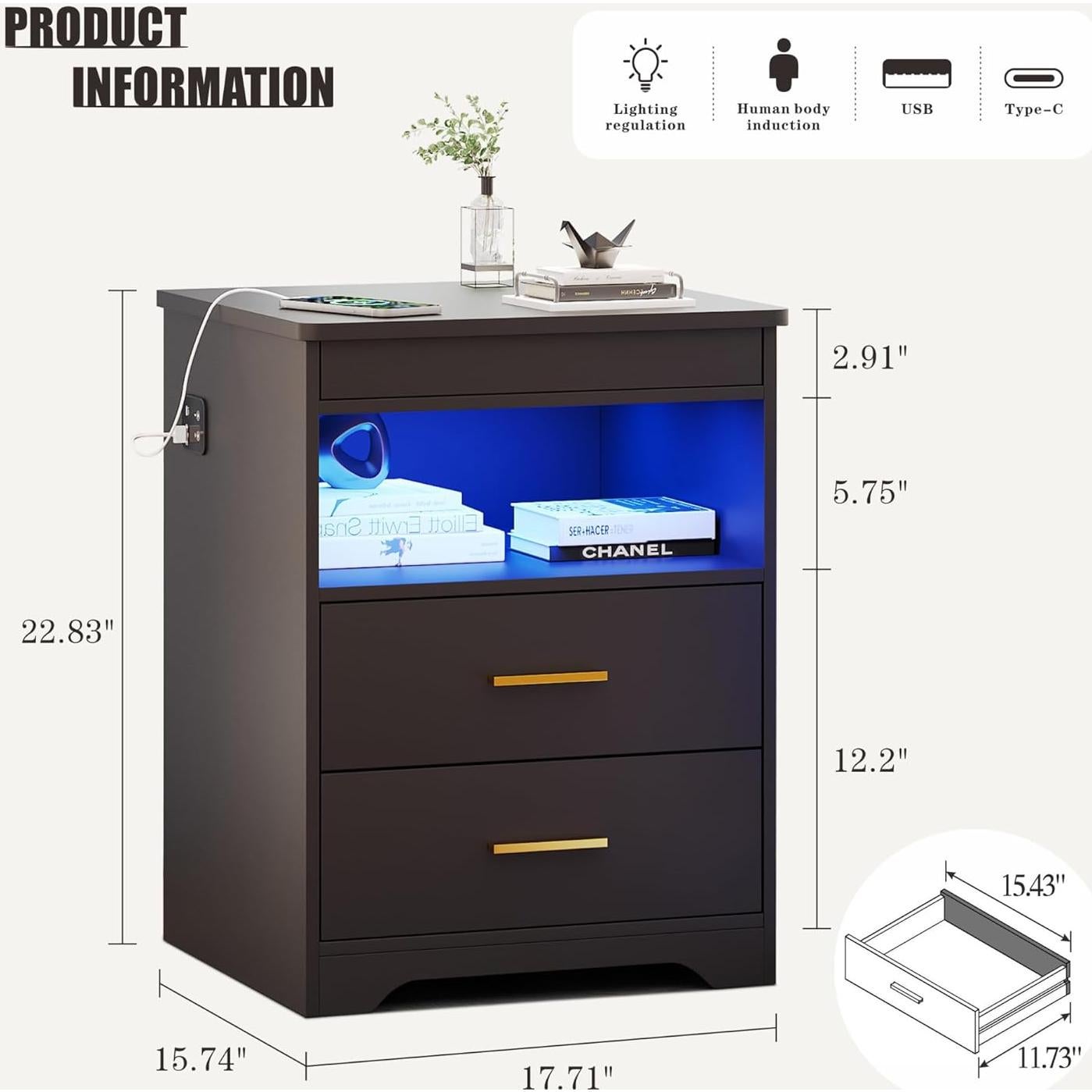 Mesita de Noche FREDEES BL-9602-27 con Carga USB y LED