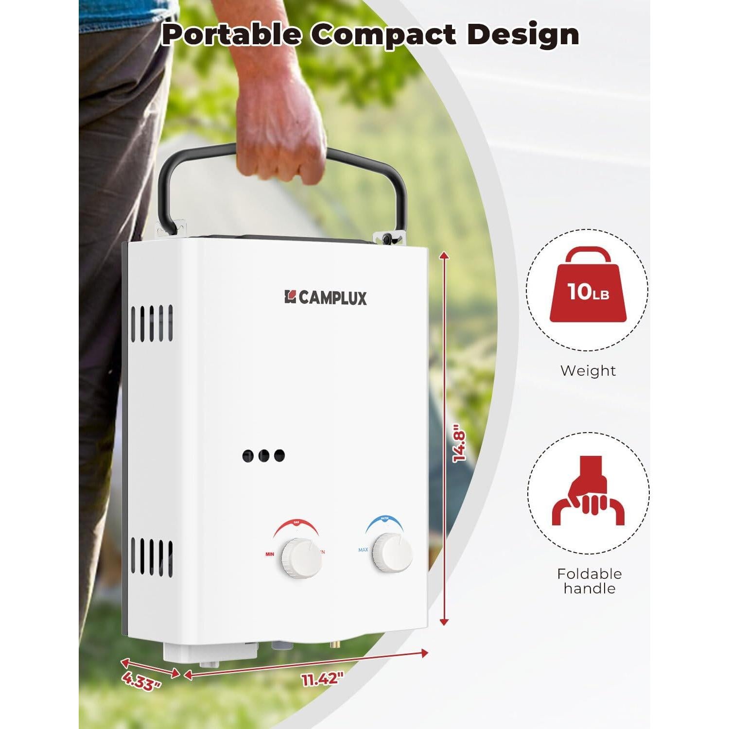 Calentador de Agua Sin Tanque Camplux AY132 5L Exterior