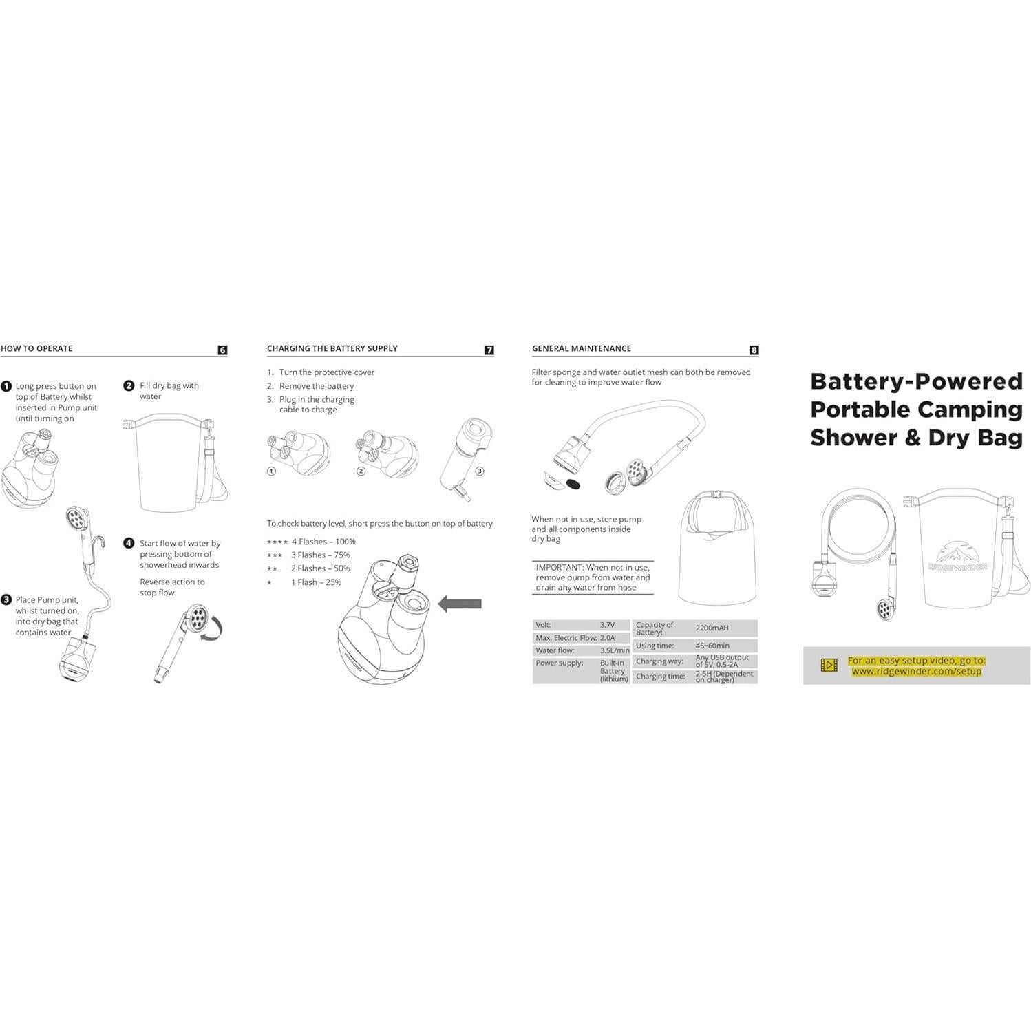 Ducha Portátil Ridgewinder 10L Batería Recargable Camping