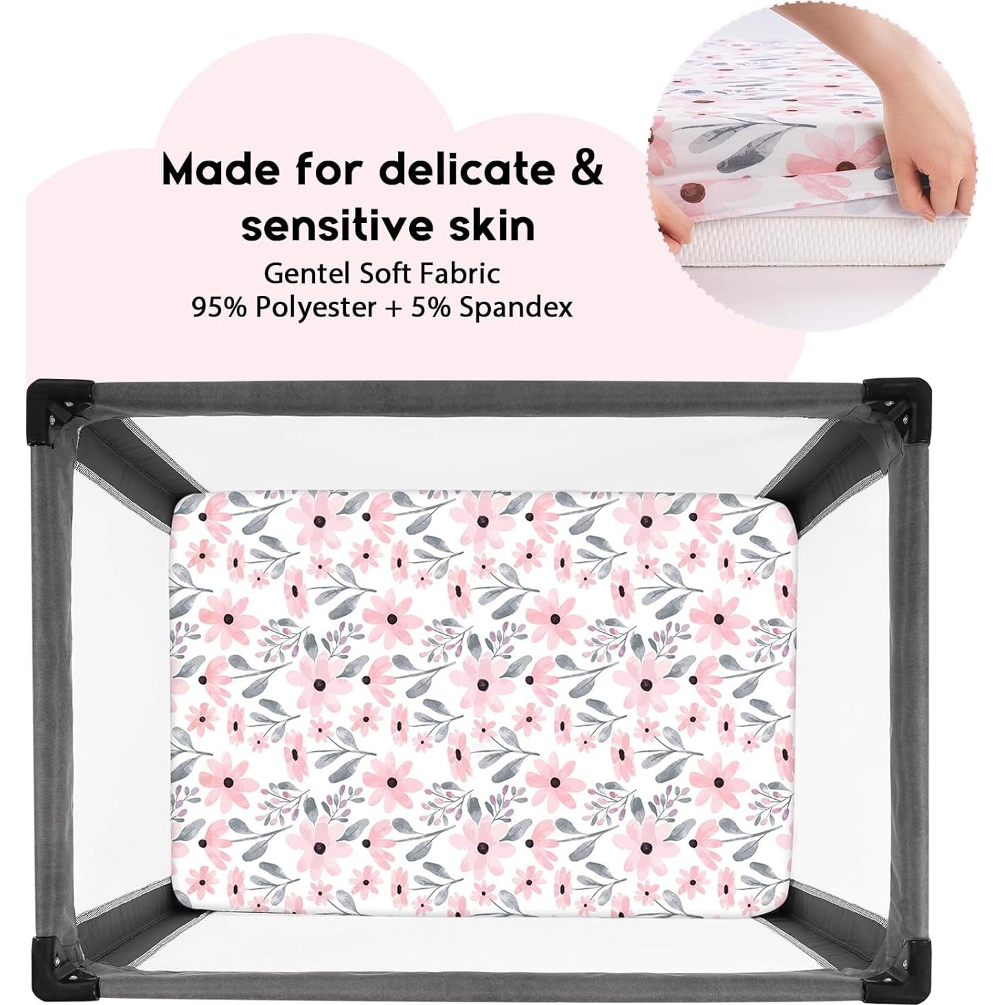 Sábanas Ajustadas Yoofoss Pack N Play 2 Piezas Floral Rosa