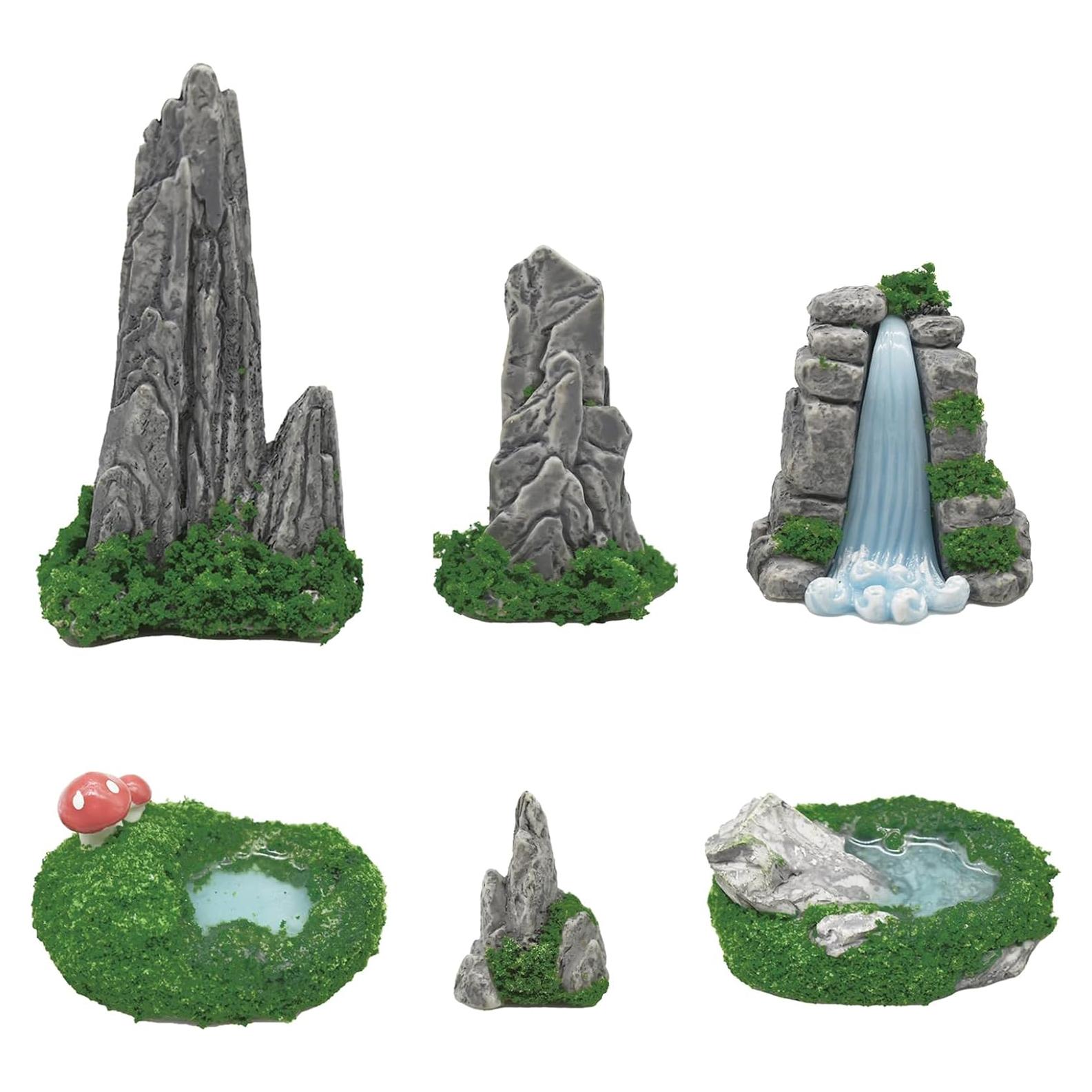 6 Piezas Figuras Miniatura de Rocalla y Estanque de Resina