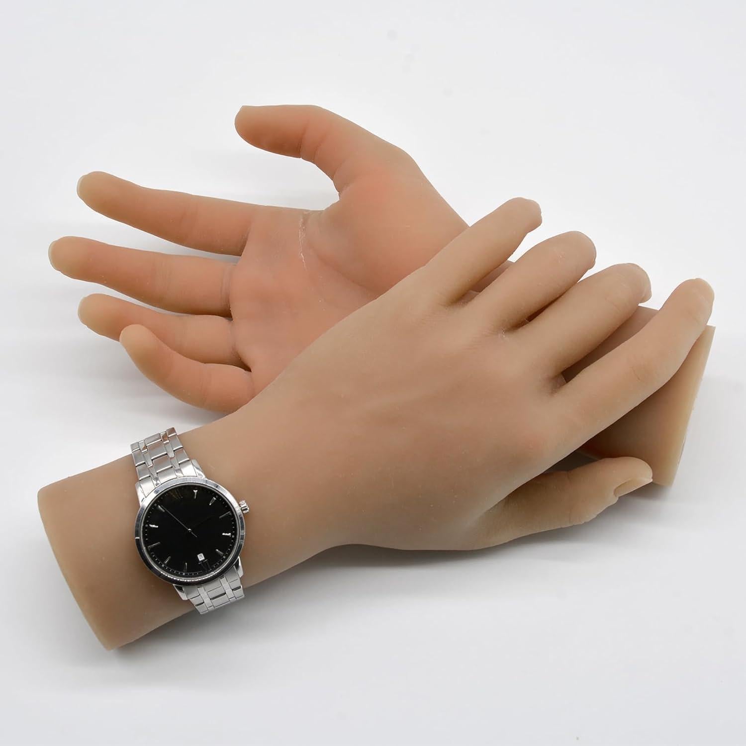 Realistic Silicone male Hand Model Fake Hand Flexible Finger Bendable Acrylic Nail Mannequin Hand for Jewelry Display Nail Art Practice（one pair）