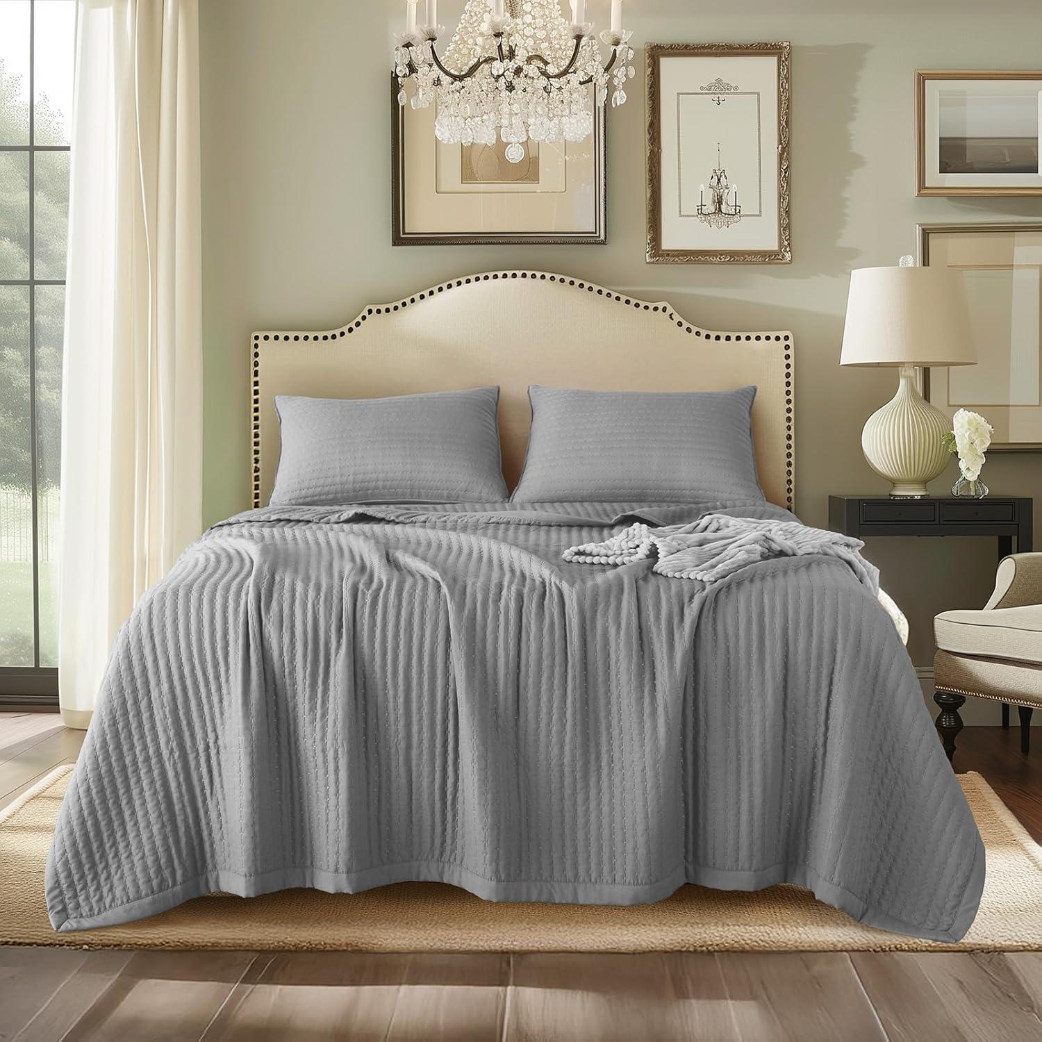 KASENTEX Colcha Doble/Reina Microfibra Gris + 2 Fundas