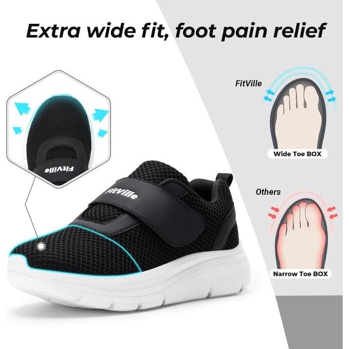 Zapatos Diabéticos FitVille Mujeres 9 Ancho Negro Malla