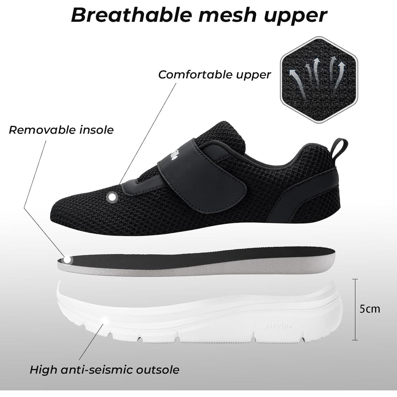 Zapatos Diabéticos FitVille Mujeres 9 Ancho Negro Malla