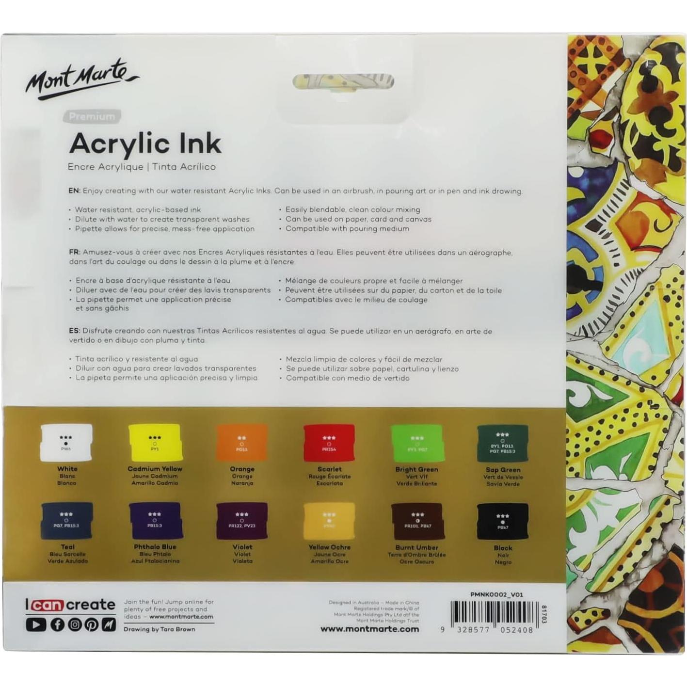 Tinta Acrílica Premium Mont Marte 12pc x 20ml Colores Esenciales