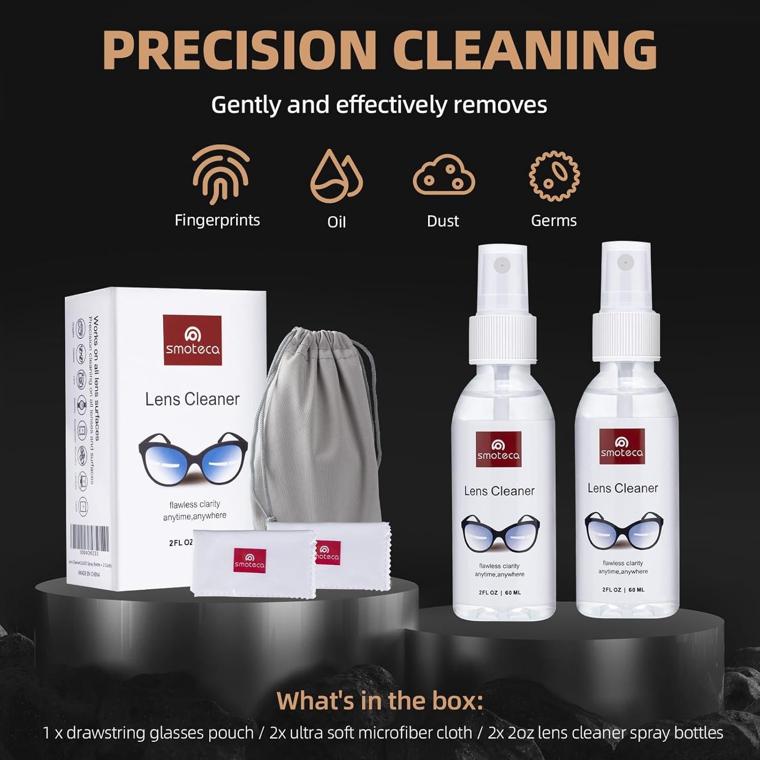 Kit Limpiador de Lentes SmoTecQ - 2 Botellas 59ml y Paños