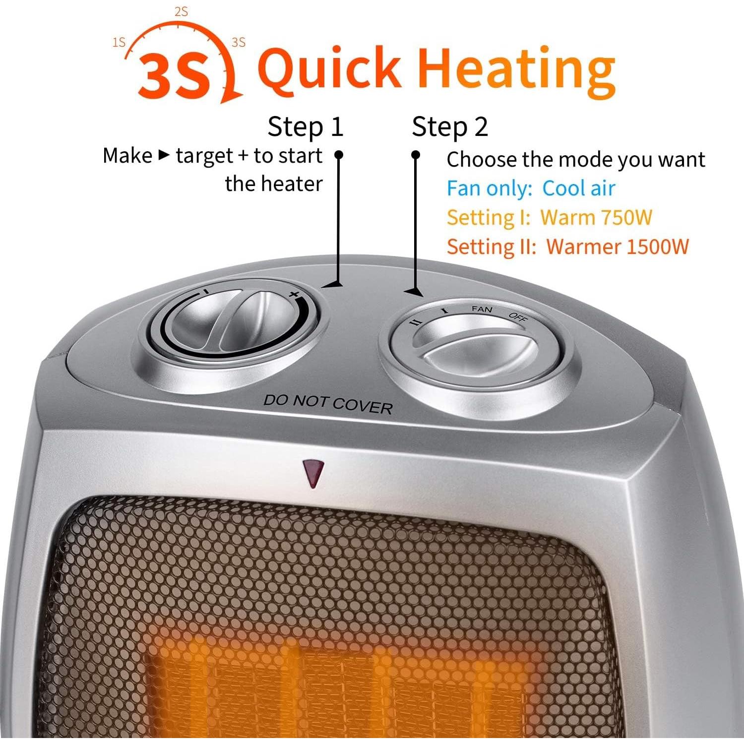 Portable Space Heaters for Indoor Use, Ceramic Small Space Electric Heater for Bedroom Office, 1500W/750W with Adjustable Thermostat, Overheat and Tip Over Protection, Heater Fan and Combo