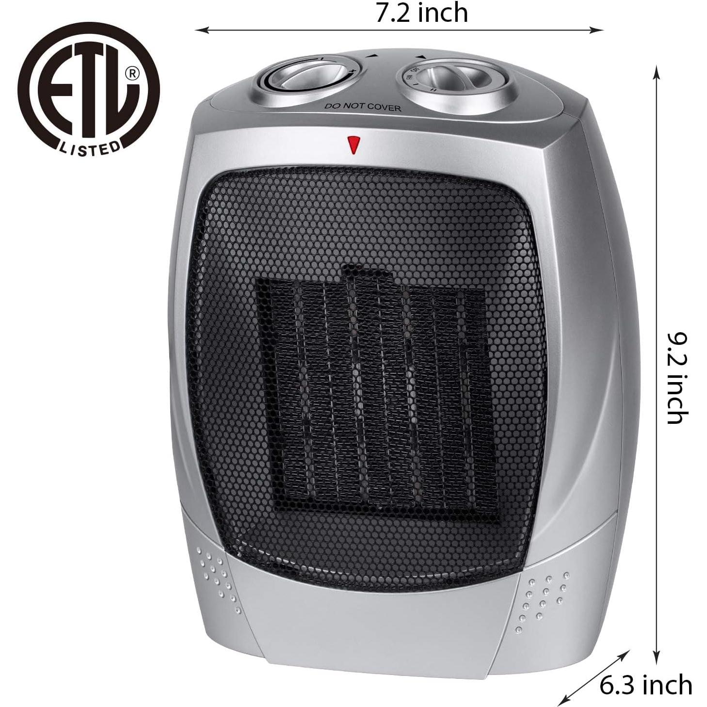 Portable Space Heaters for Indoor Use, Ceramic Small Space Electric Heater for Bedroom Office, 1500W/750W with Adjustable Thermostat, Overheat and Tip Over Protection, Heater Fan and Combo