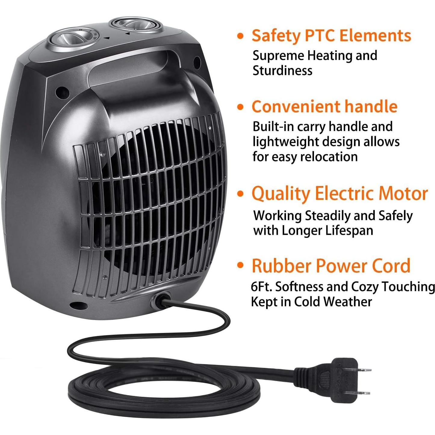 Portable Space Heaters for Indoor Use, Ceramic Small Space Electric Heater for Bedroom Office, 1500W/750W with Adjustable Thermostat, Overheat and Tip Over Protection, Heater Fan and Combo