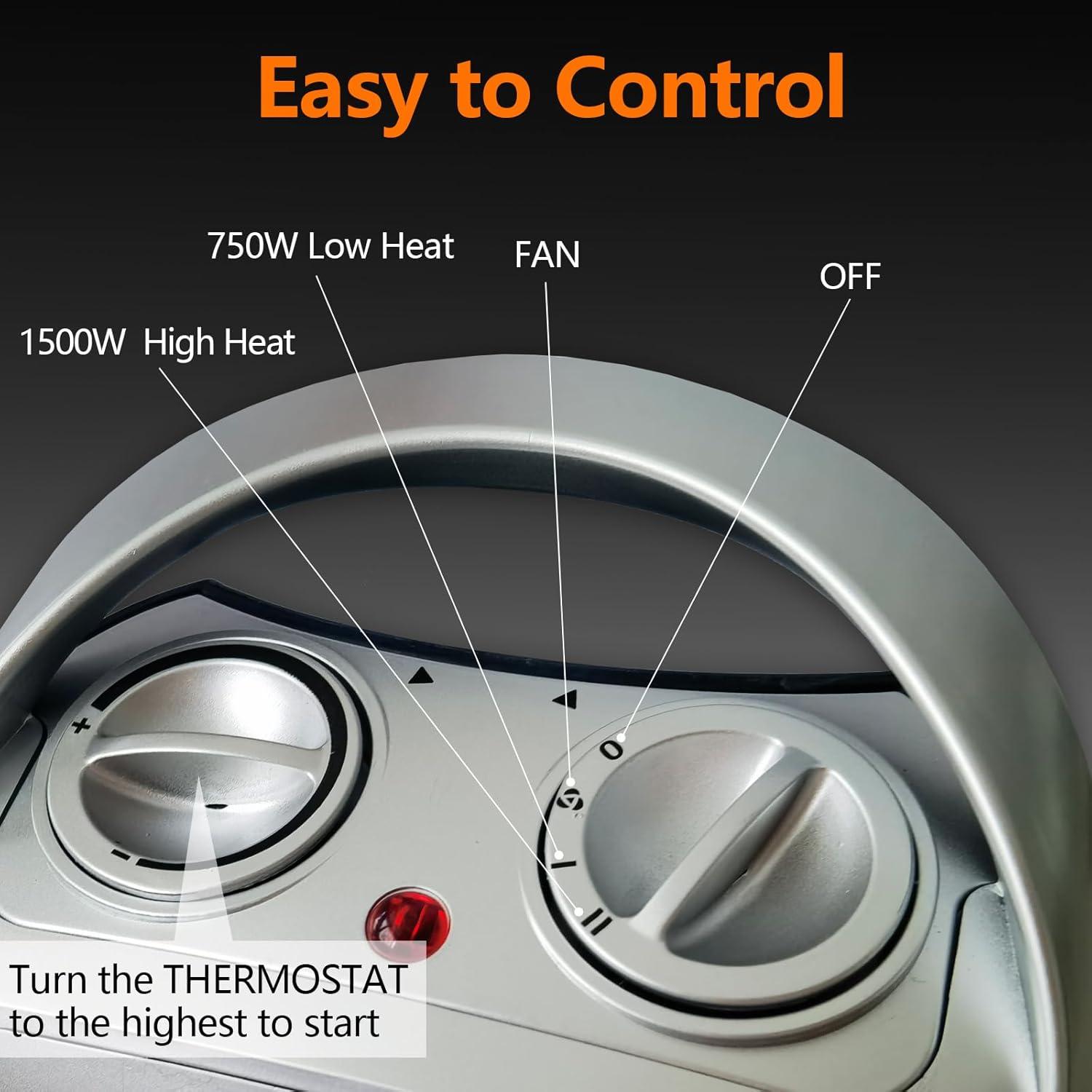 Electric Portable Heater with Thermostat, 750W/1500W Space Heater Fan with 3 modes, PTC Ceramic for Indoor Use