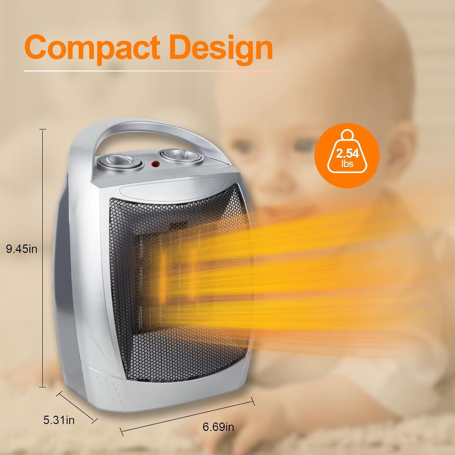 Electric Portable Heater with Thermostat, 750W/1500W Space Heater Fan with 3 modes, PTC Ceramic for Indoor Use