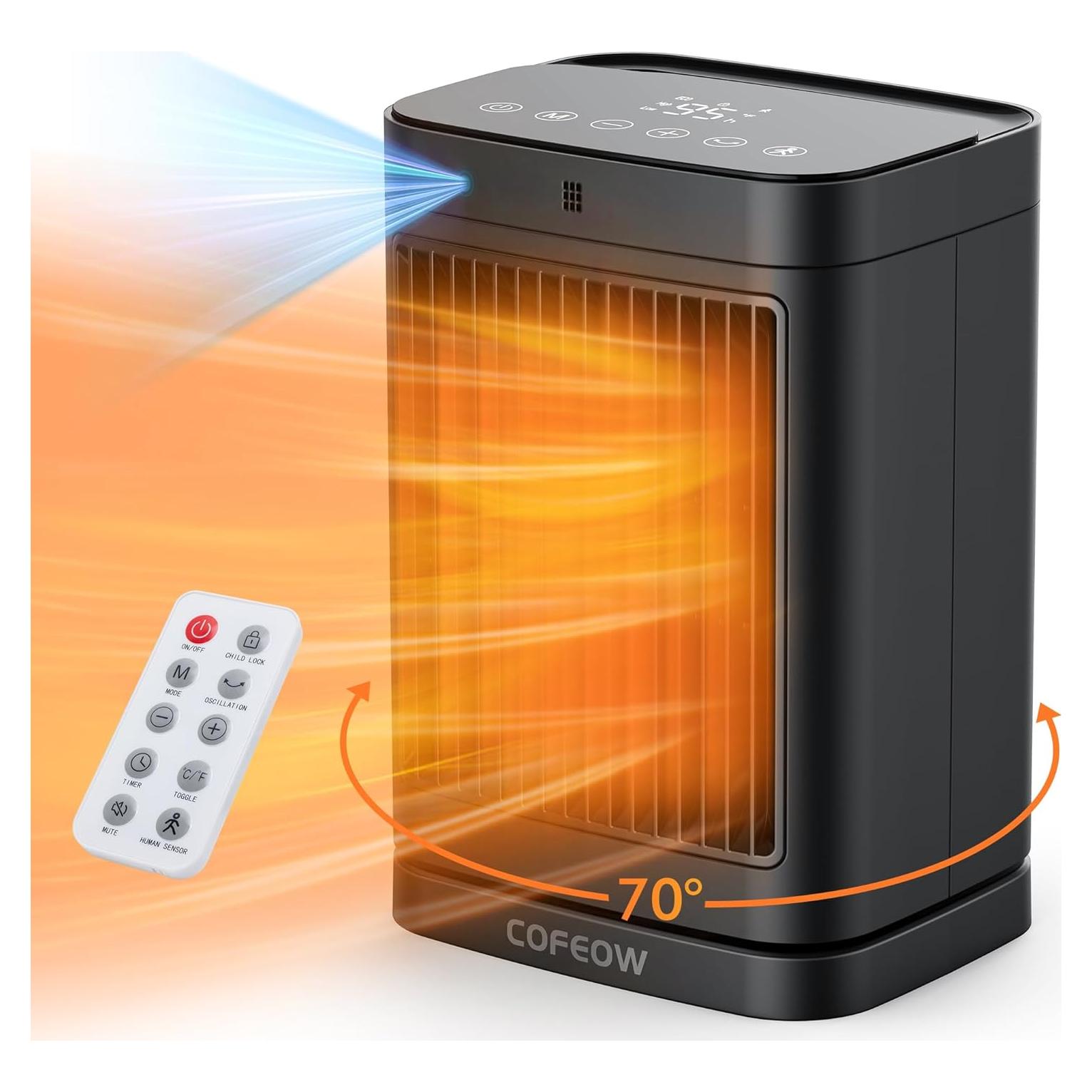 Space Heaters with Motion Sensor,Portable heaters for Indoor Use,Electric Small Heaters for Large Room Bedroom Office Garage Desk,1500W Ceramic Heating with Remote,Oscillating,Timer,Thermostat Dark