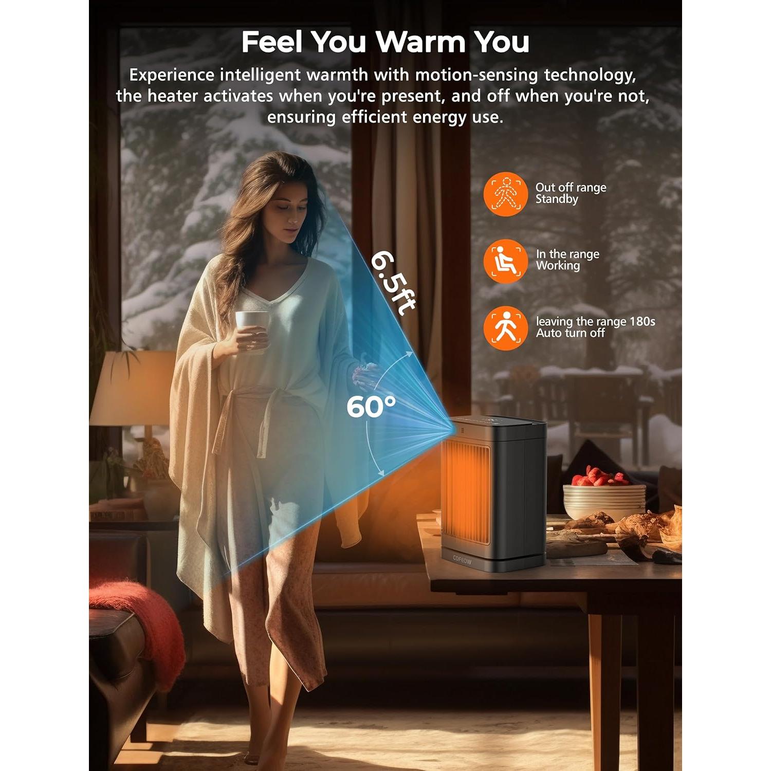 Space Heaters with Motion Sensor,Portable heaters for Indoor Use,Electric Small Heaters for Large Room Bedroom Office Garage Desk,1500W Ceramic Heating with Remote,Oscillating,Timer,Thermostat Dark