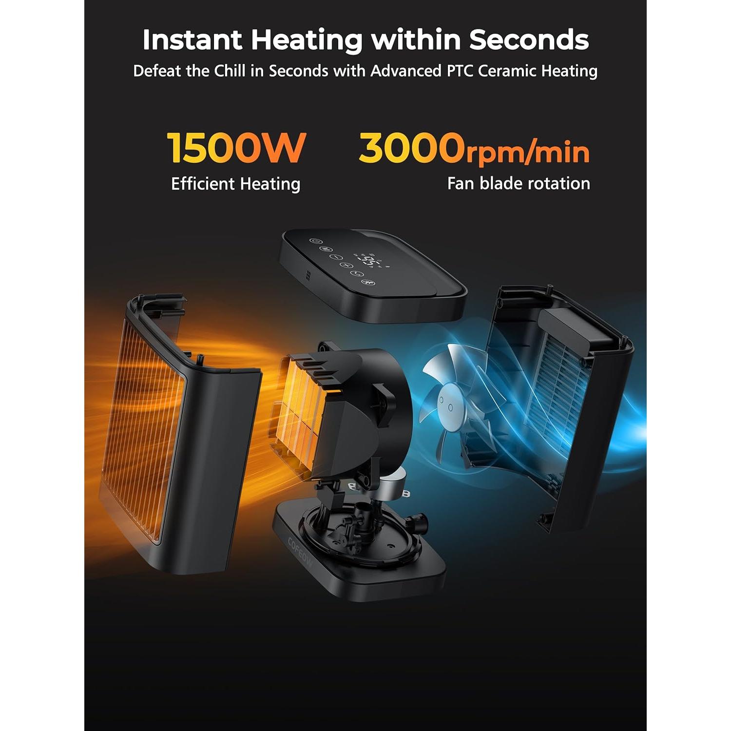 Space Heaters with Motion Sensor,Portable heaters for Indoor Use,Electric Small Heaters for Large Room Bedroom Office Garage Desk,1500W Ceramic Heating with Remote,Oscillating,Timer,Thermostat Dark