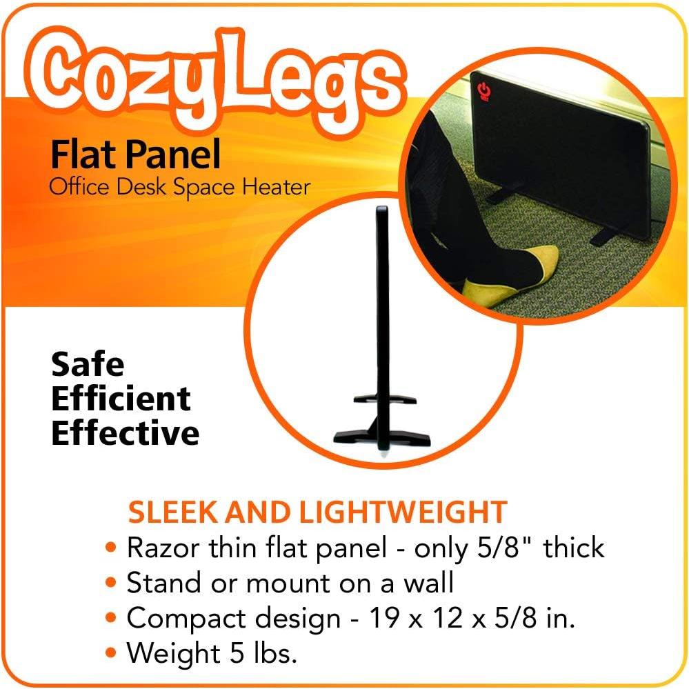 New and Improved Cozy Legs, Flat Panel Space Heater for Home and Office, Portable Heater with Built-in Thermostat, 200-watt, Energy-Efficient, 19" x 13" x 5/8", 5 lbs., Black