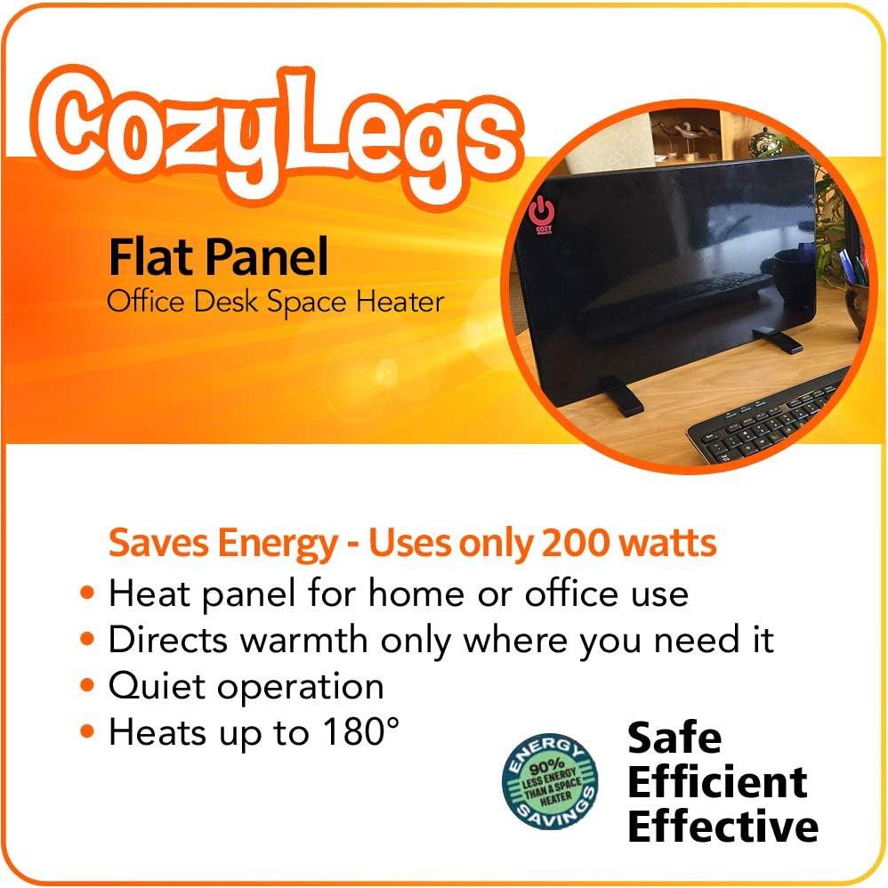 New and Improved Cozy Legs, Flat Panel Space Heater for Home and Office, Portable Heater with Built-in Thermostat, 200-watt, Energy-Efficient, 19" x 13" x 5/8", 5 lbs., Black