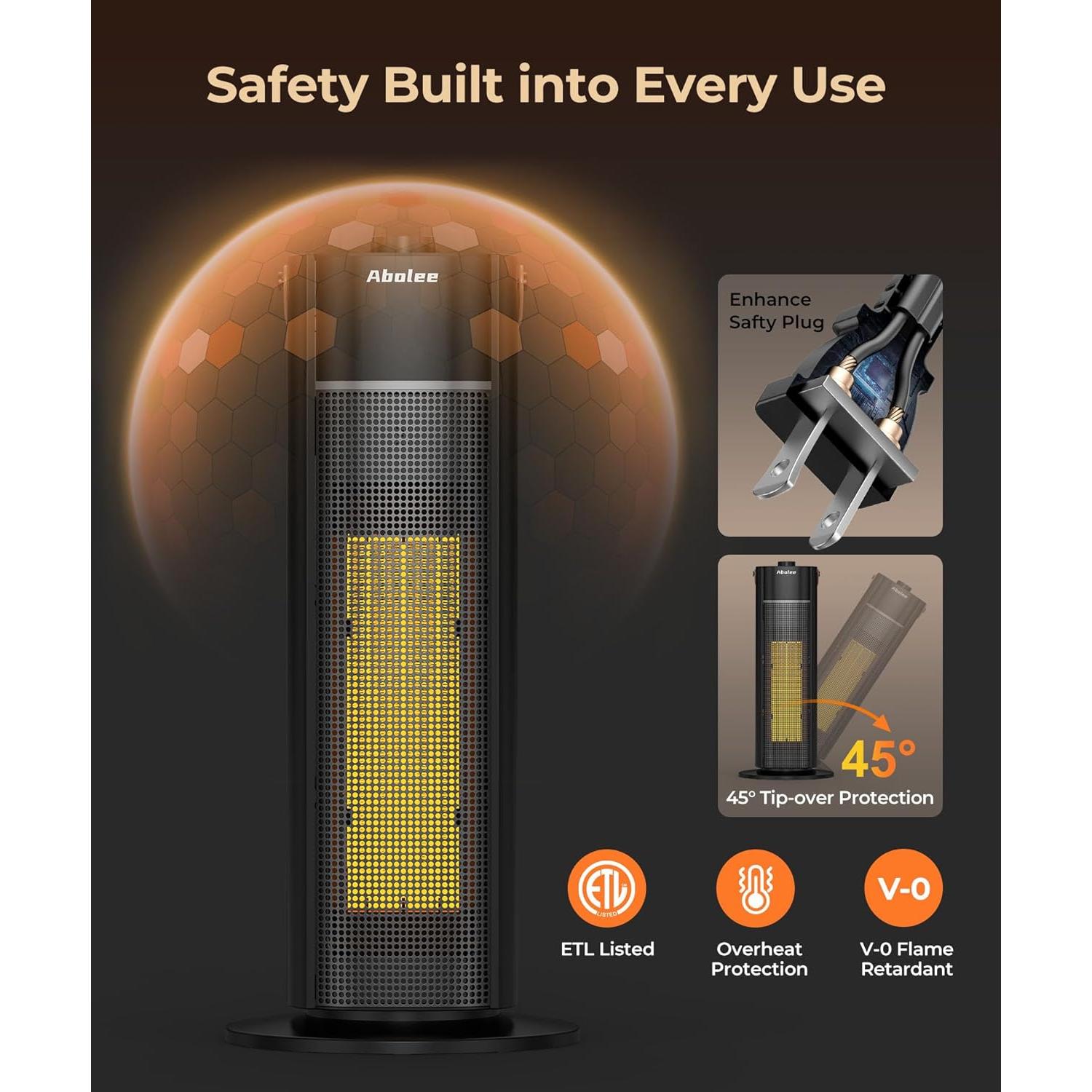 Space Heater, Electric Heater with Thermostat, 18 Inch Portable Heater with 70°Oscillation, 12H Timer, Overheating & Tip-Over Protection, Fast Safety Heat for Home, Bedroom HP1502, Black