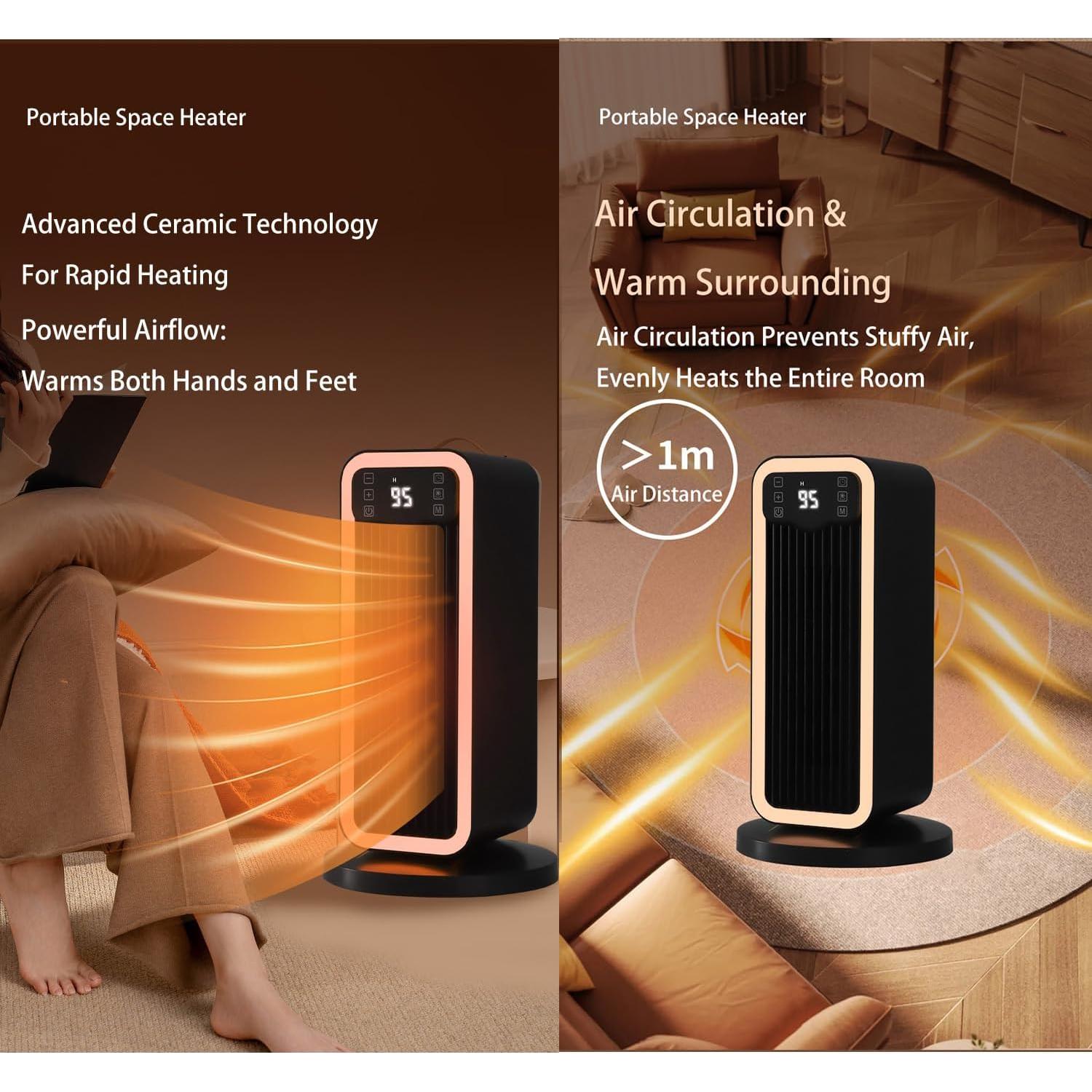 Space Heater, 1500W PTC Heater with ECO Thermostat System, Oscillating 70°, 12H Timer, Heaters for Indoor Use with Remote Control, 8 Color Changing Lights, Safety Features for Home Bedroom, Office