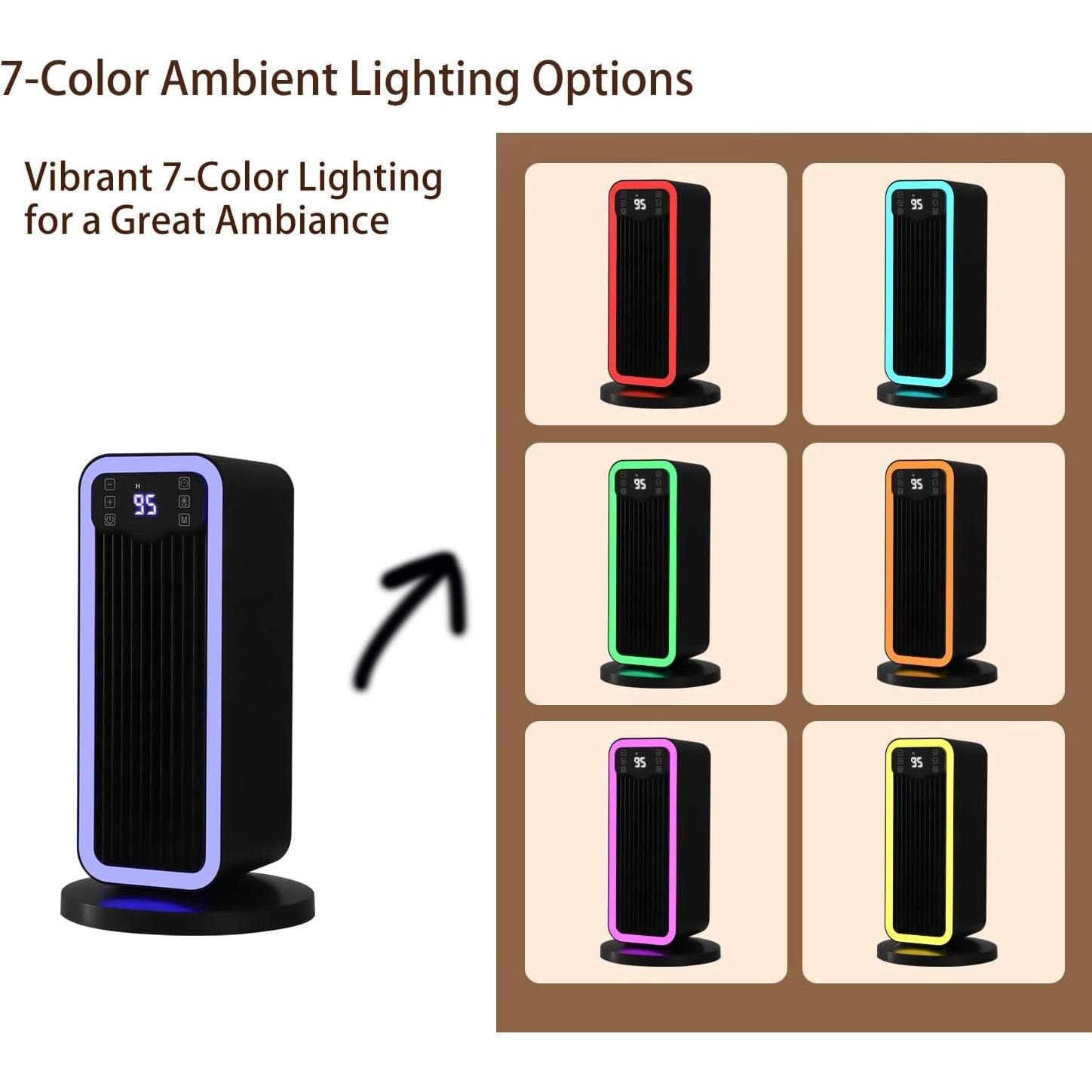 Space Heater, 1500W PTC Heater with ECO Thermostat System, Oscillating 70°, 12H Timer, Heaters for Indoor Use with Remote Control, 8 Color Changing Lights, Safety Features for Home Bedroom, Office