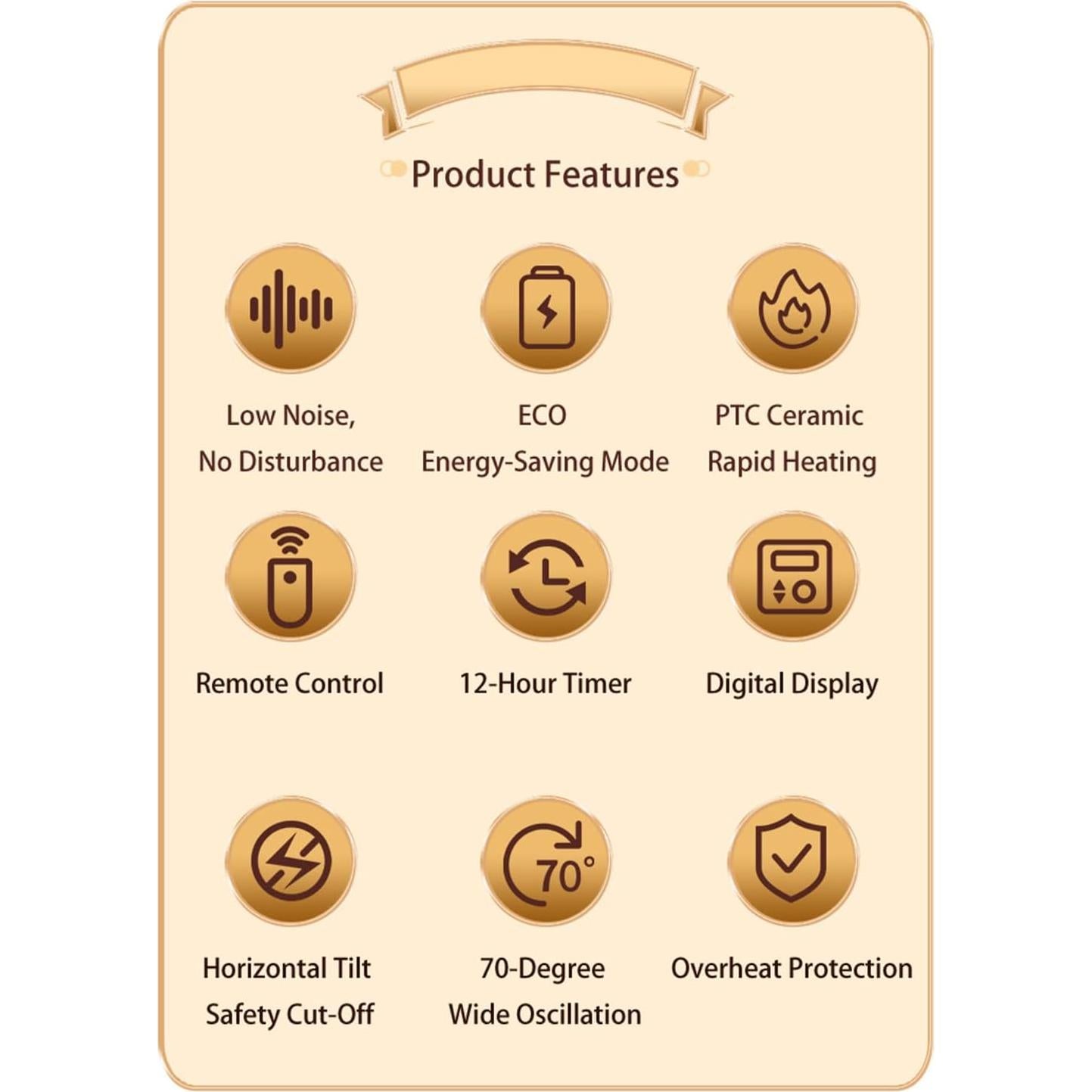 Space Heater, 1500W PTC Heater with ECO Thermostat System, Oscillating 70°, 12H Timer, Heaters for Indoor Use with Remote Control, 8 Color Changing Lights, Safety Features for Home Bedroom, Office